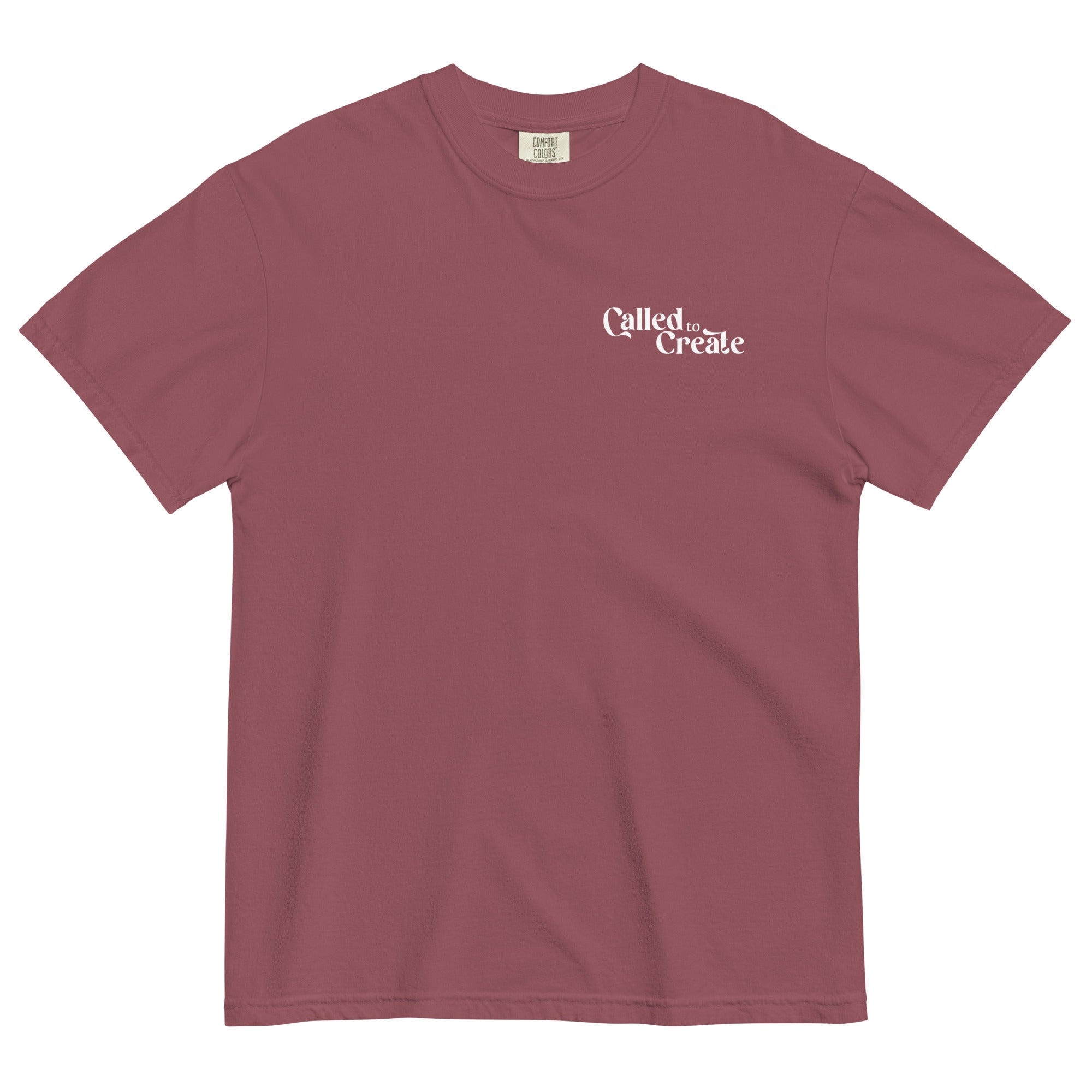 Short sleeved shirt from Faith based Christian company, Christian Shirts Shop. 
Comfort Colors Shirt.
Graphic: Text says Called to Create
Shirt Color: Brick