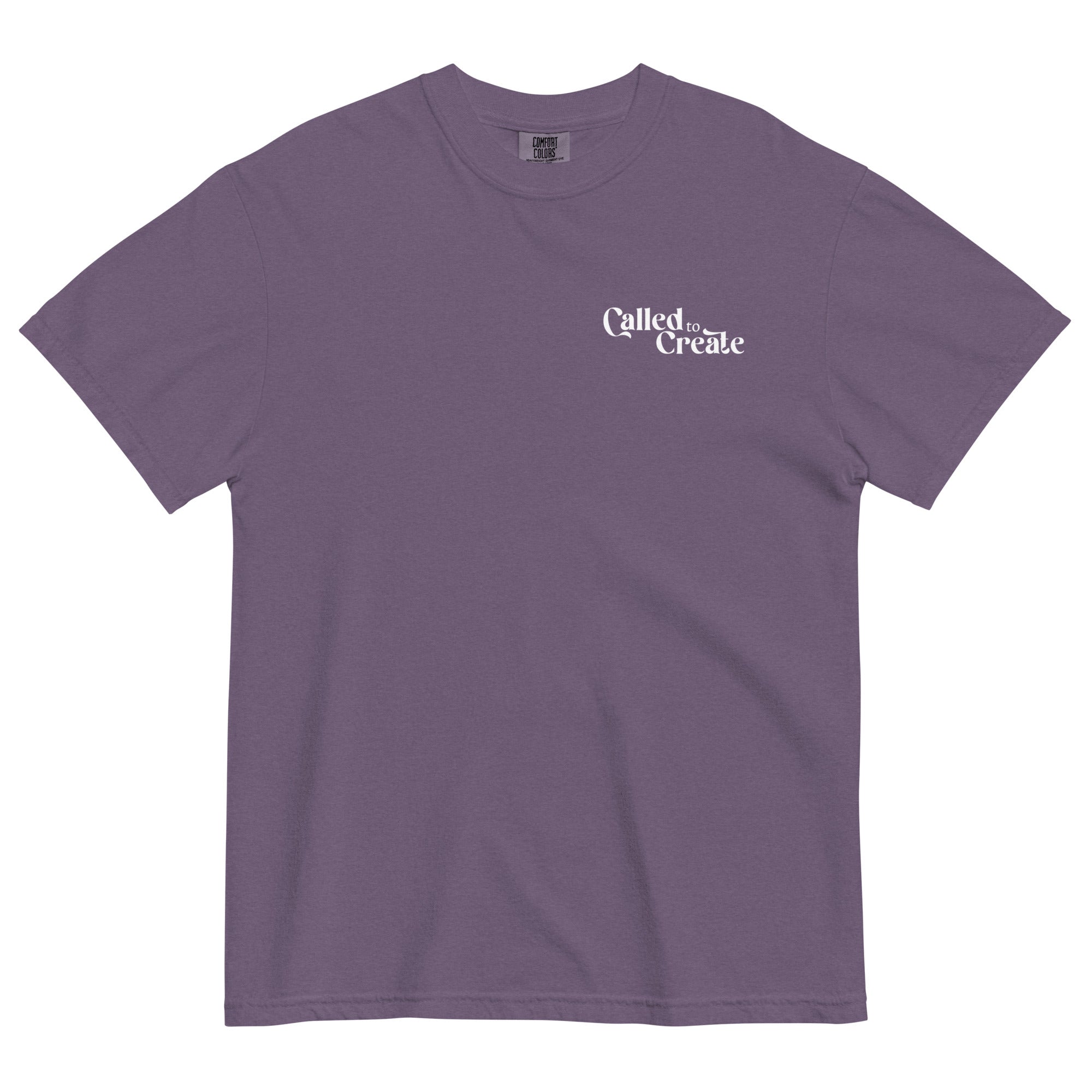 Short sleeved shirt from Faith based Christian company, Christian Shirts Shop. 
Comfort Colors Shirt.
Graphic: Text says Called to Create
Shirt Color: Grape