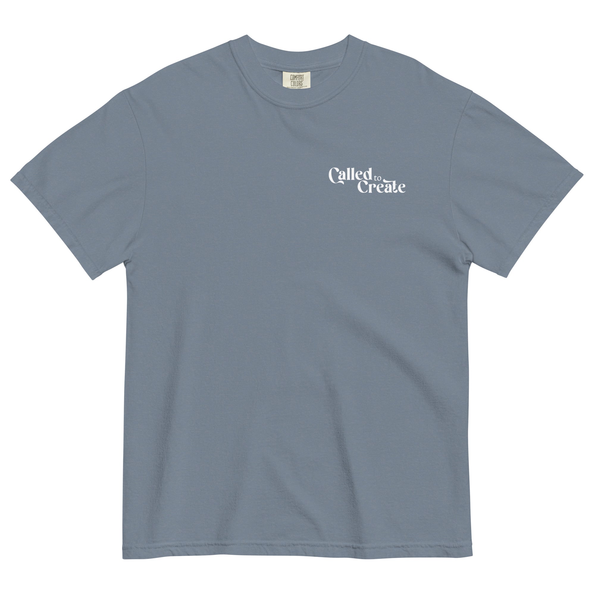 Short sleeved shirt from Faith based Christian company, Christian Shirts Shop. 
Comfort Colors Shirt.
Graphic: Text says Called to Create
Shirt Color: Blue Jean
