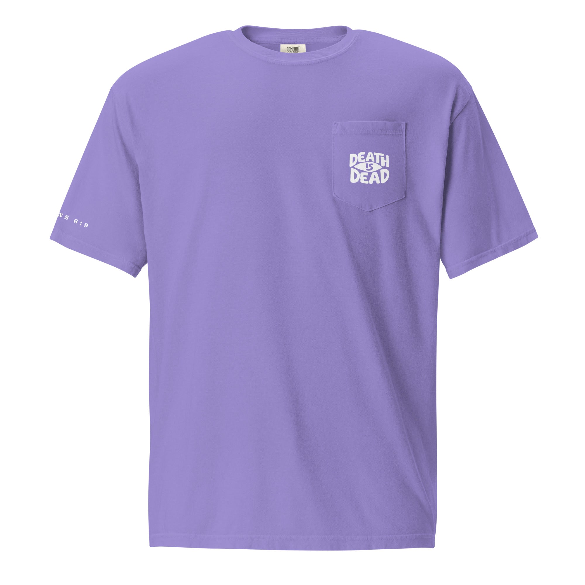 T-shirt from Faith based Christian company, Christian Shirts Shop. 
Graphic: Death is Dead Romans 6:9
Color: Violet
Brand: Comfort Colors