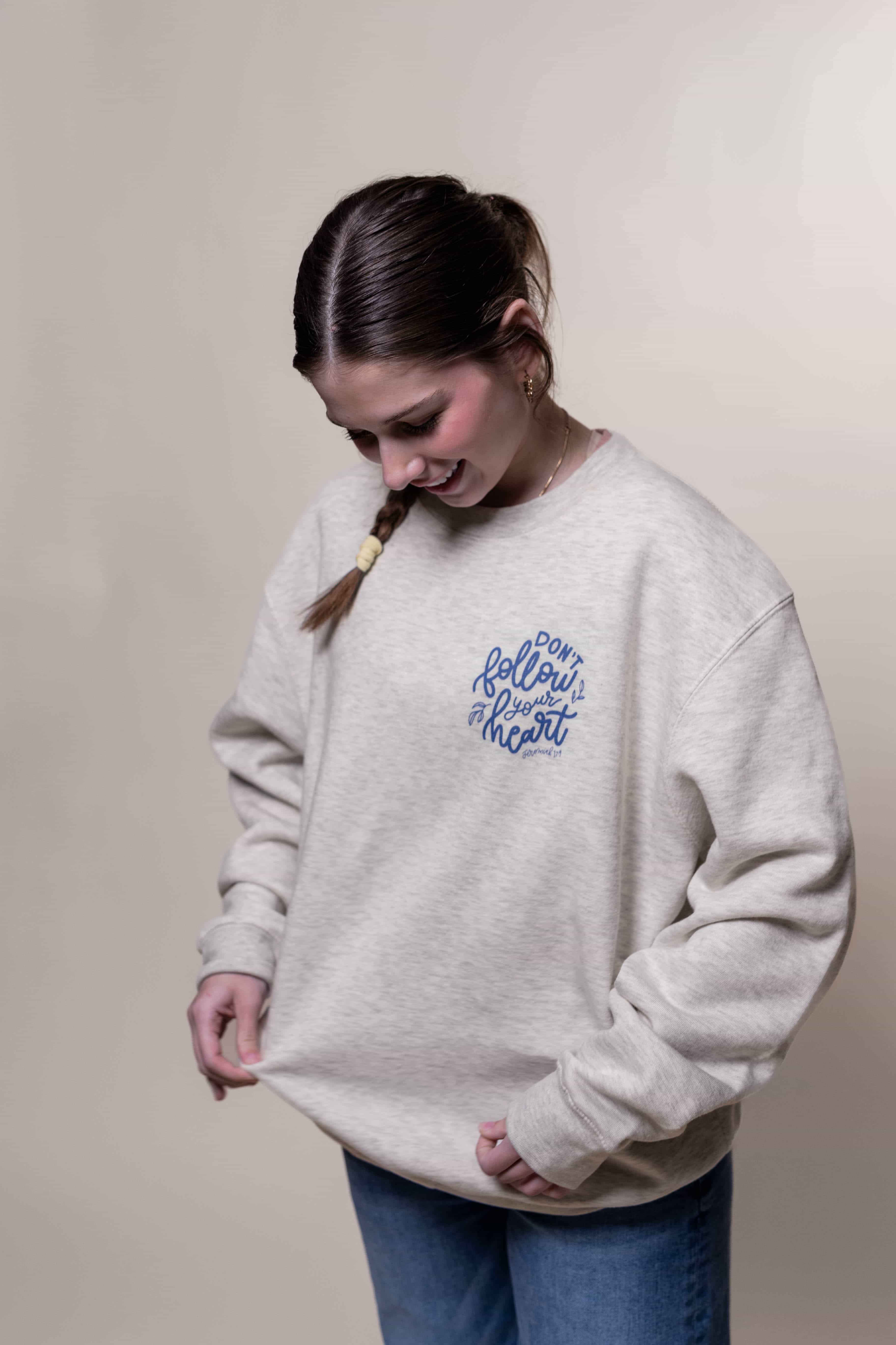 Sweatshirt from Faith based Christian company, Christian Shirts Shop. 
Graphic: Don't Follow Your Heart. Jeremiah 17:9
Shirt Color: Oatmeal
Shirt Brand: Lane Seven