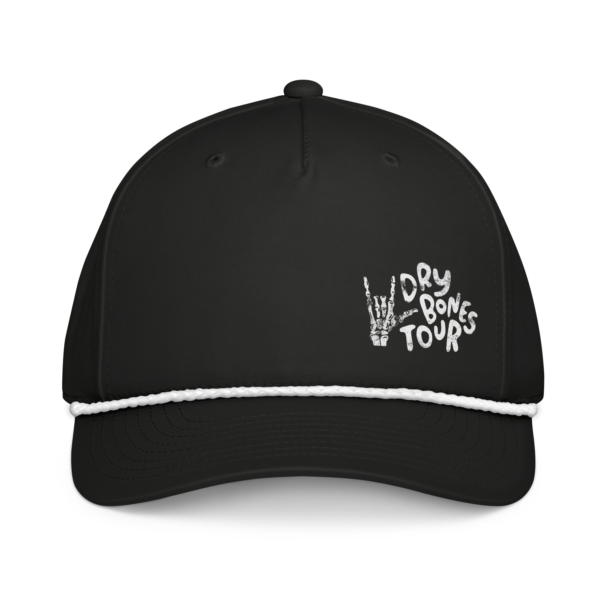 Rope Hat from Faith based Christian company, Christian Shirts Shop. 
Graphic: Dry Bones Tour Ezekiel 37:13-14
Hat Color: Black and White