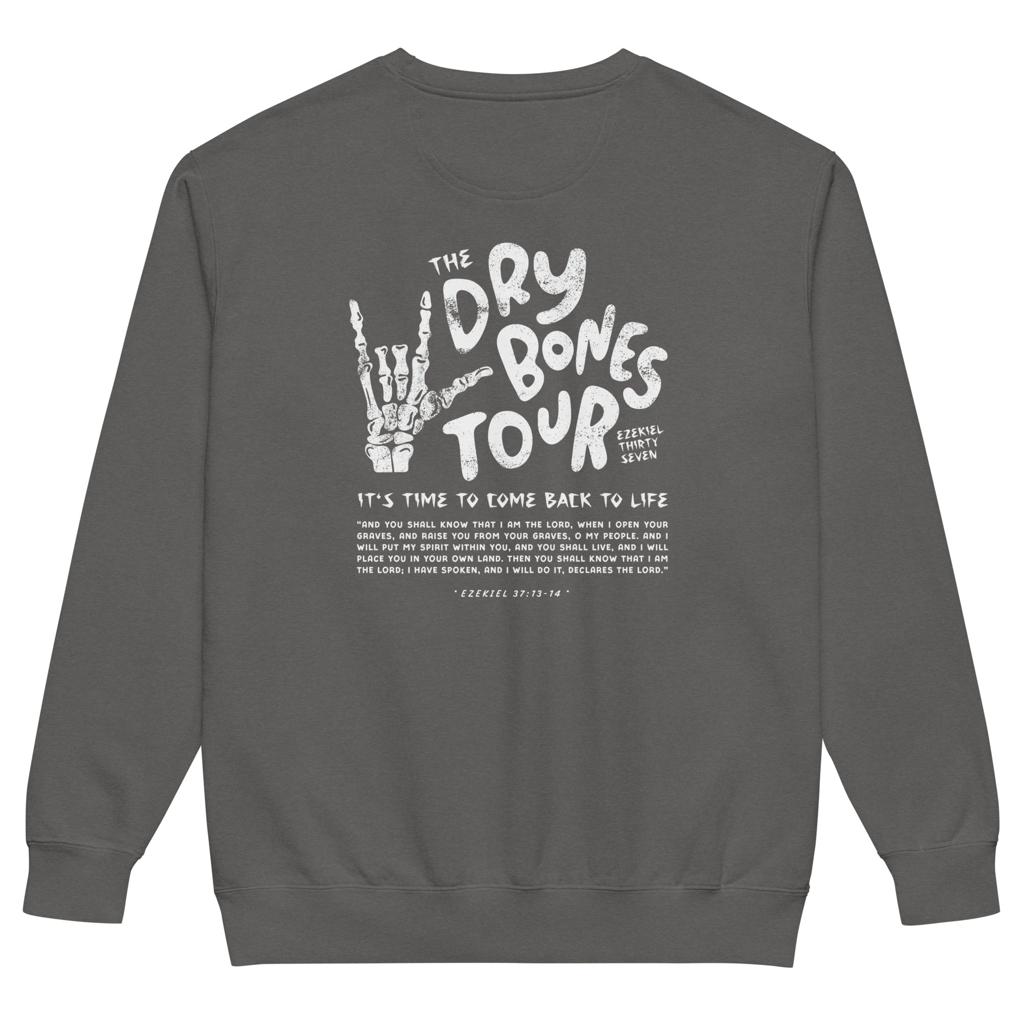 Sweatshirt from Faith based Christian company, Christian Shirts Shop. 
Graphic: Dry Bones Tour Ezekiel 37:13-14
Color: Pepper
Brand: Comfort Colors