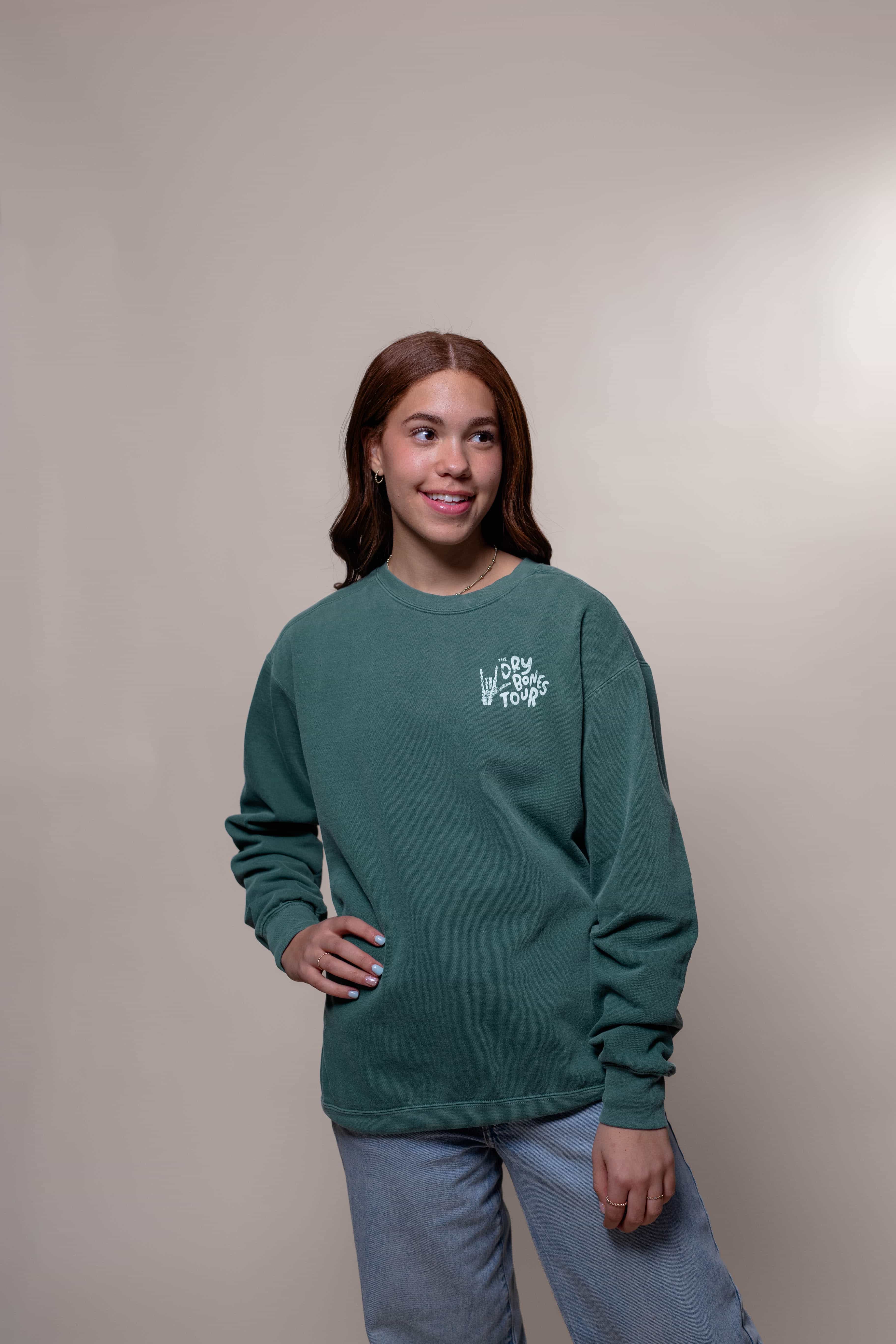 Sweatshirt from Faith based Christian company, Christian Shirts Shop. 
Graphic: Dry Bones Tour Ezekiel 37:13-14
Color: Blue Spruce
Brand: Comfort Colors