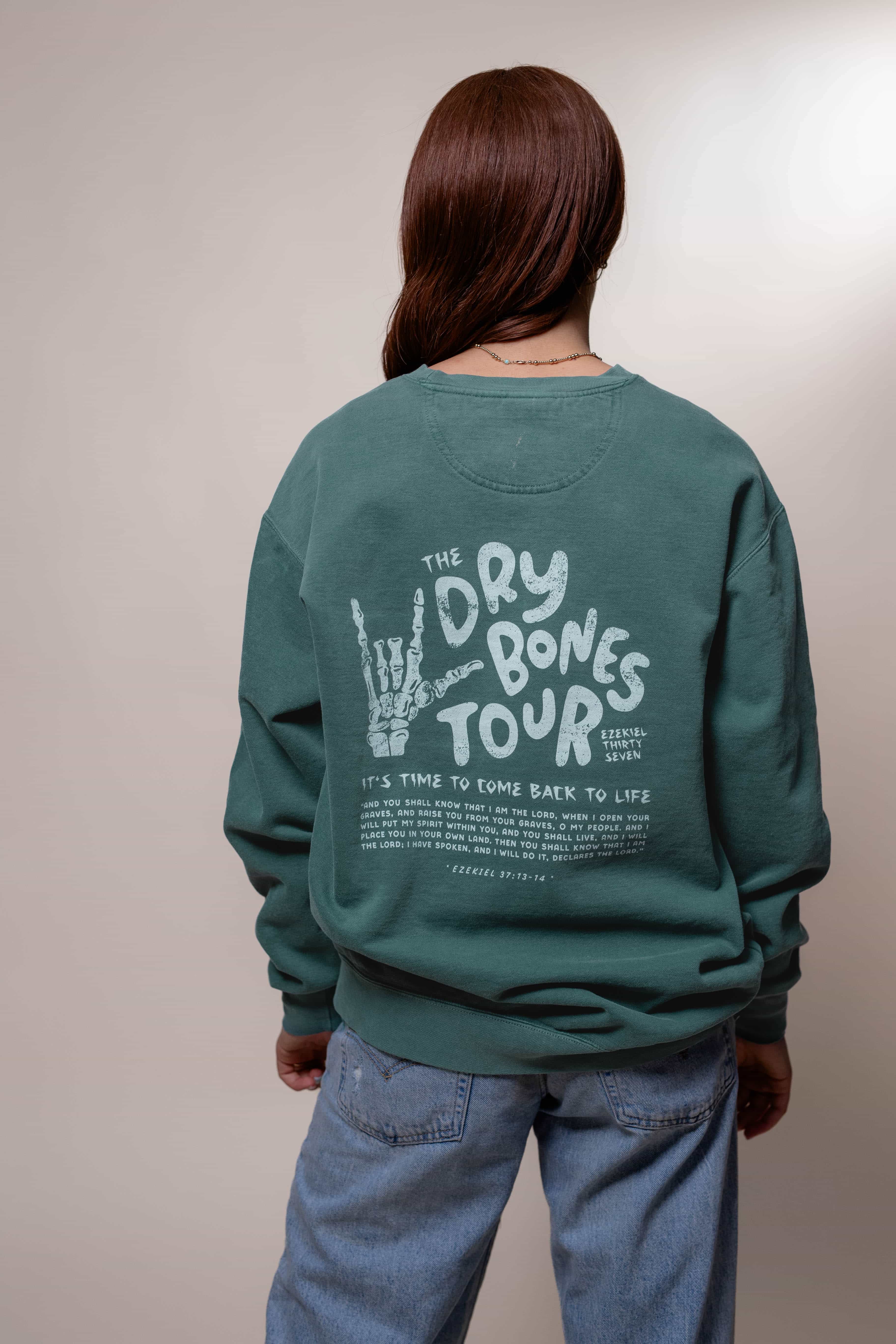 Sweatshirt from Faith based Christian company, Christian Shirts Shop. 
Graphic: Dry Bones Tour Ezekiel 37:13-14
Color: Blue Spruce
Brand: Comfort Colors