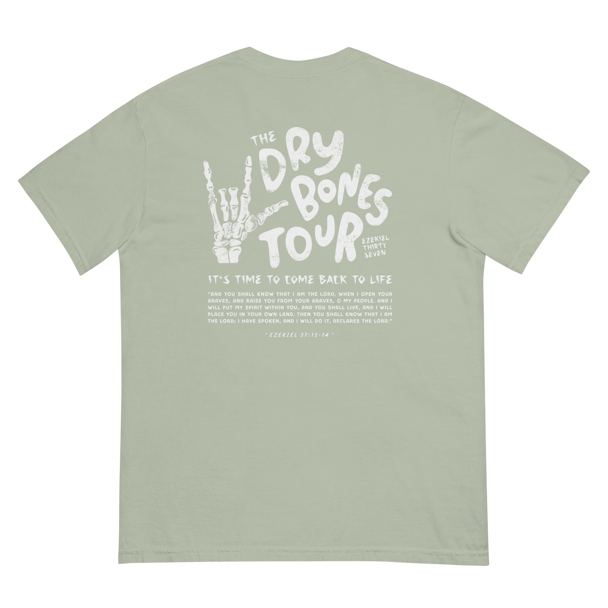 T-shirt from Faith based Christian company, Christian Shirts Shop. 
Graphic: Dry Bones Tour Ezekiel 37:13-14
Color: Bay
Brand: Comfort Colors