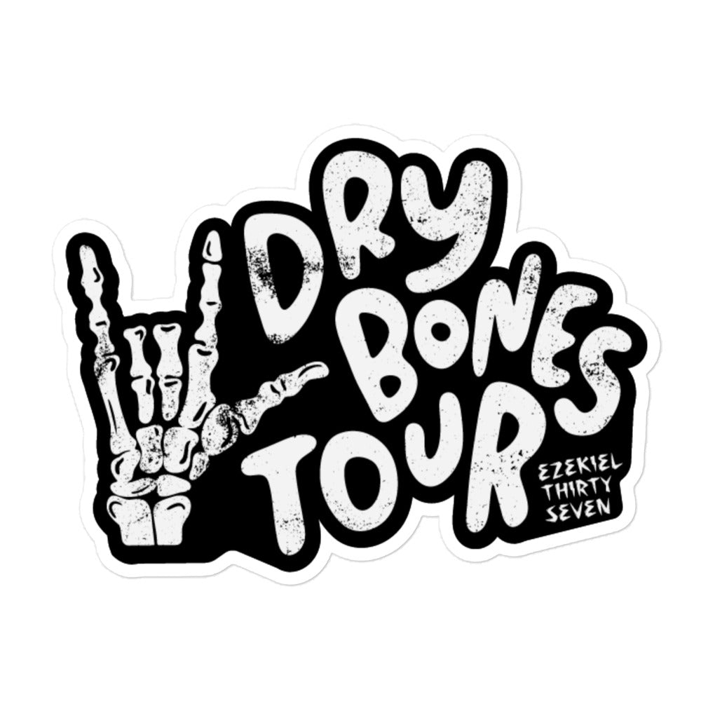 Vinyl Sticker from Faith based Christian company, Christian Shirts Shop. 
Graphic: Dry Bones Tour Ezekiel 37:13-14
Color: Black & White