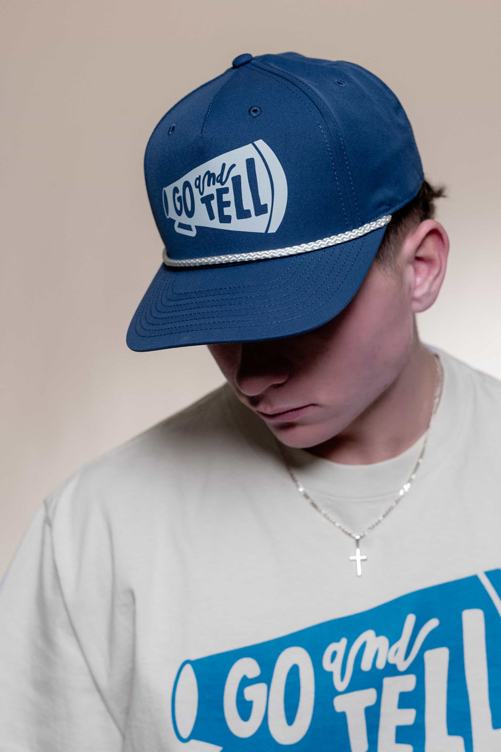 Rope Hat from Faith based Christian company, Christian Shirts Shop. 
Graphic: Go and Tell The Great Commission Acts 1:8
Hat Color: Blue and White