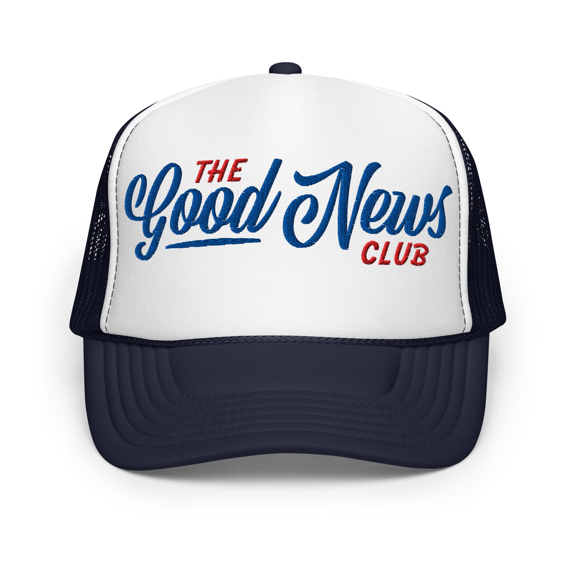 Foam front trucker hat from Faith based Christian company, Christian Shirts Shop. 
Graphic: The Good News Club John 3:16
Hat Color: Navy and White