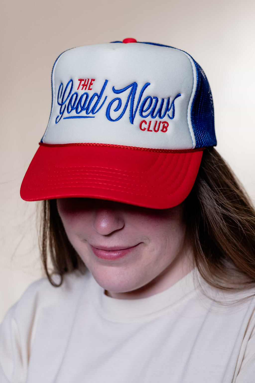 Foam front trucker hat from Faith based Christian company, Christian Shirts Shop. 
Graphic: The Good News Club John 3:16
Hat Color: Red and Blue