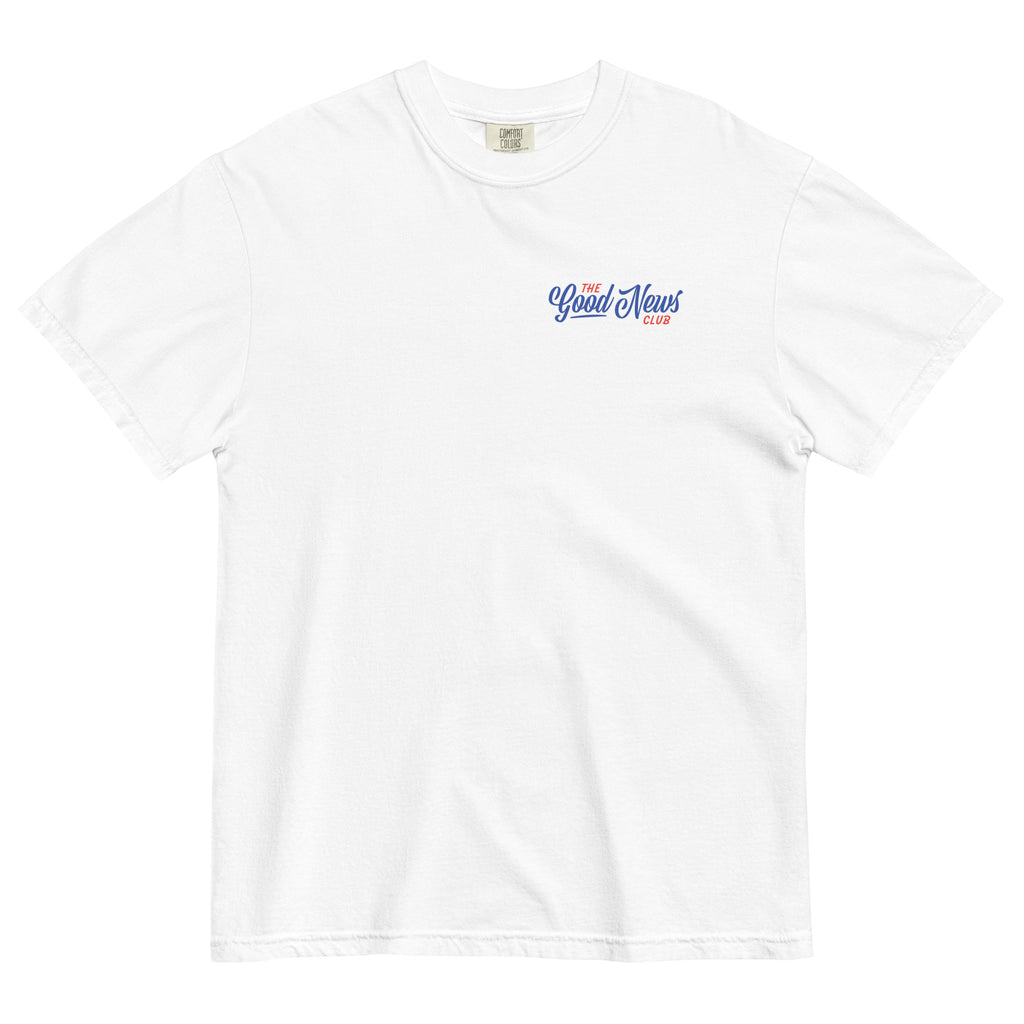 T-shirt from Faith based Christian company, Christian Shirts Shop. 
Graphic: The Good News Club John 3:16
Color: White shirt with red and blue graphics
Brand: Comfort Colors