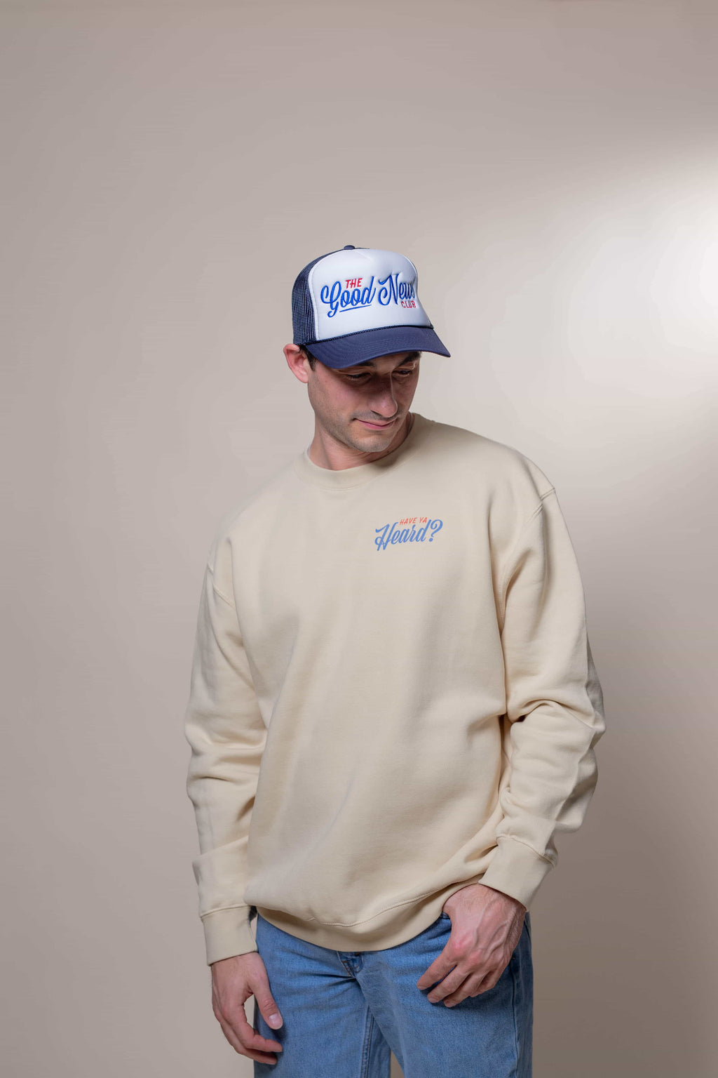 Sweatshirt from Faith based Christian company, Christian Shirts Shop. 
Graphic: The Good News Club John 3:16
Color: Cream Sweatshirt with red and blue graphics
Brand: Lane Seven