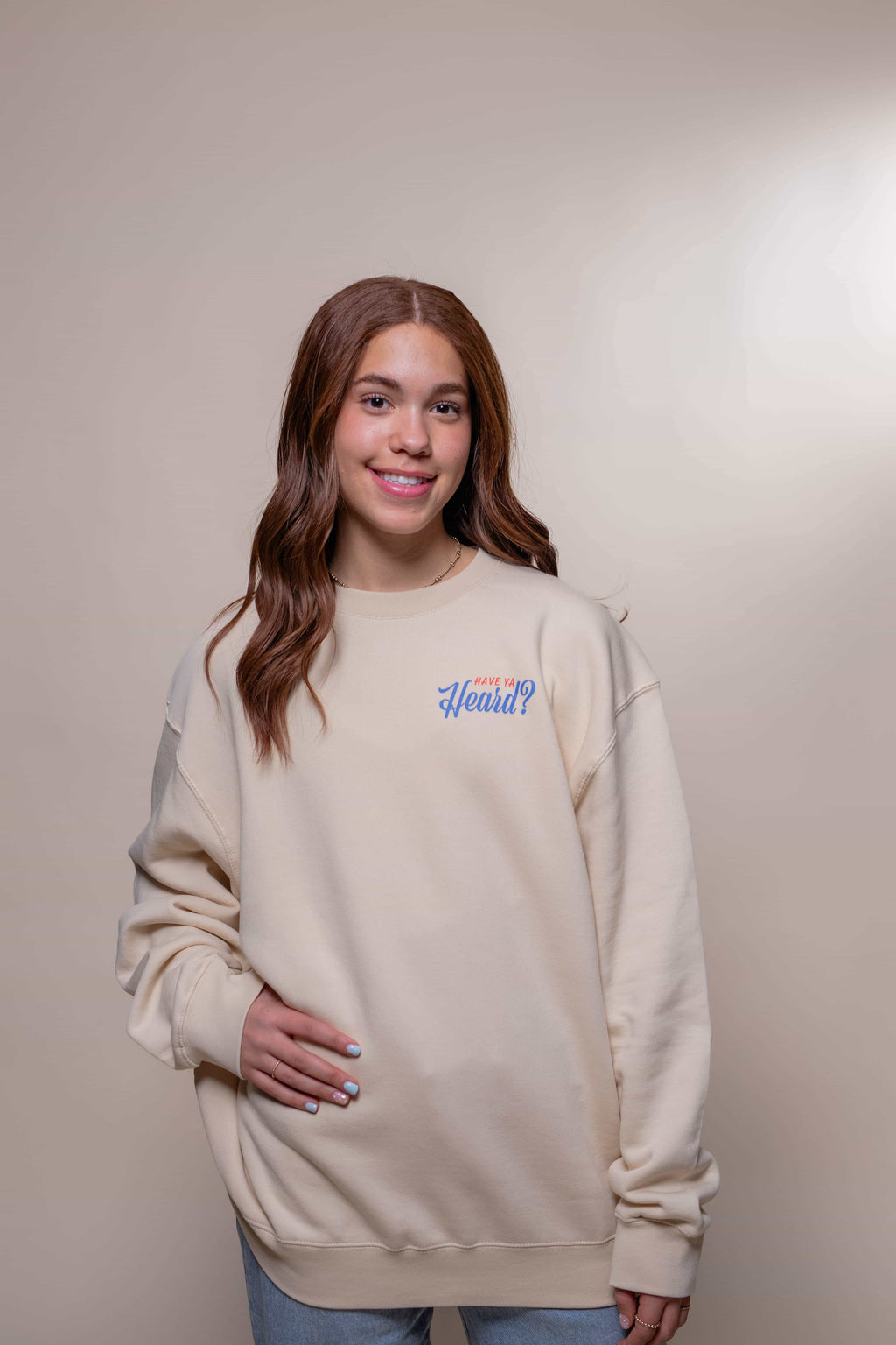 Sweatshirt from Faith based Christian company, Christian Shirts Shop. 
Graphic: The Good News Club John 3:16
Color: Cream Sweatshirt with red and blue graphics
Brand: Lane Seven