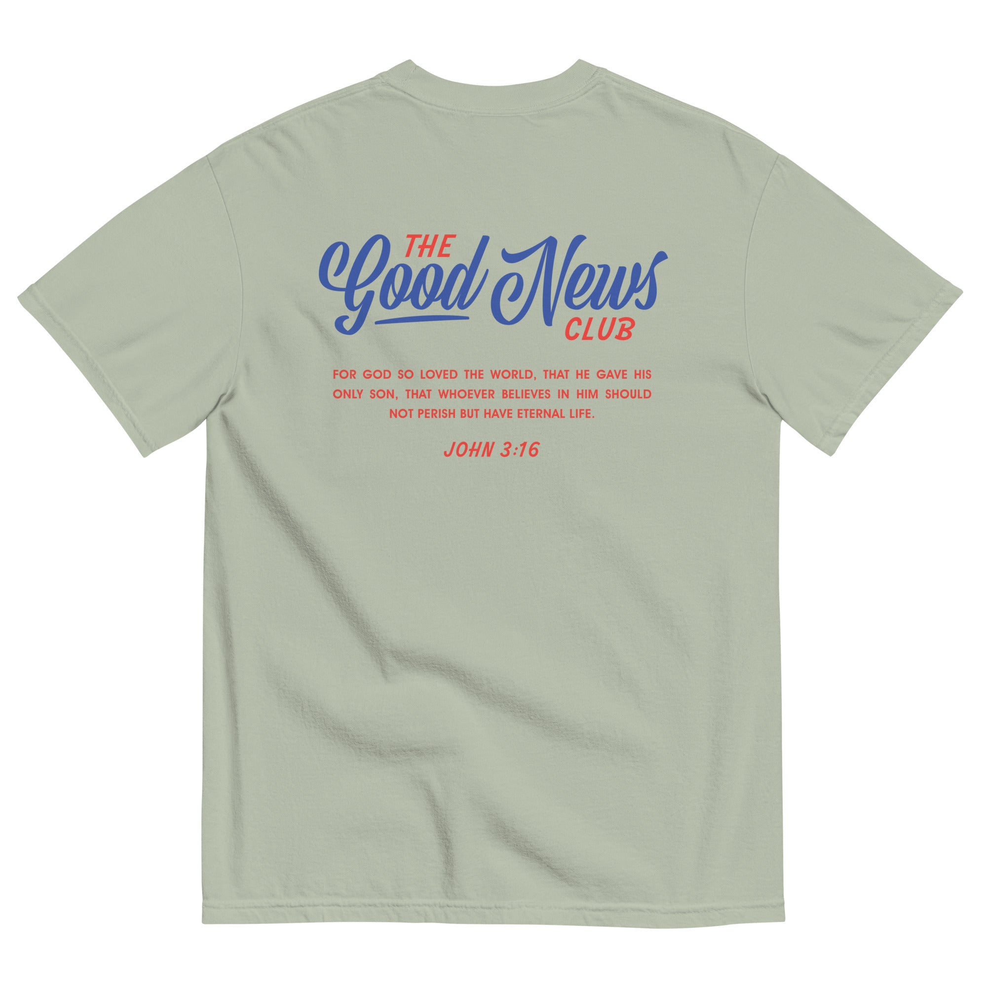 T-shirt from Faith based Christian company, Christian Shirts Shop. 
Graphic: The Good News Club John 3:16
Color: Bay shirt with red and blue graphics
Brand: Comfort Colors