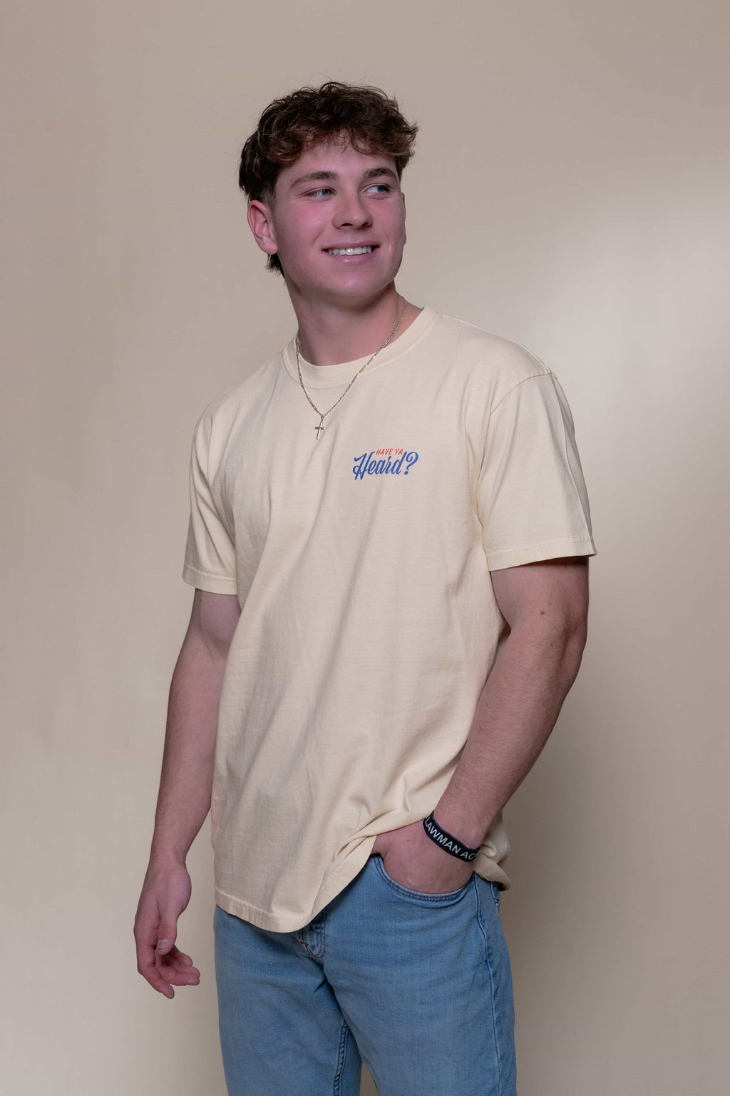 T-shirt from Faith based Christian company, Christian Shirts Shop. 
Graphic: The Good News Club John 3:16
Color: Cream shirt with red and blue graphics
Brand: Comfort Colors
