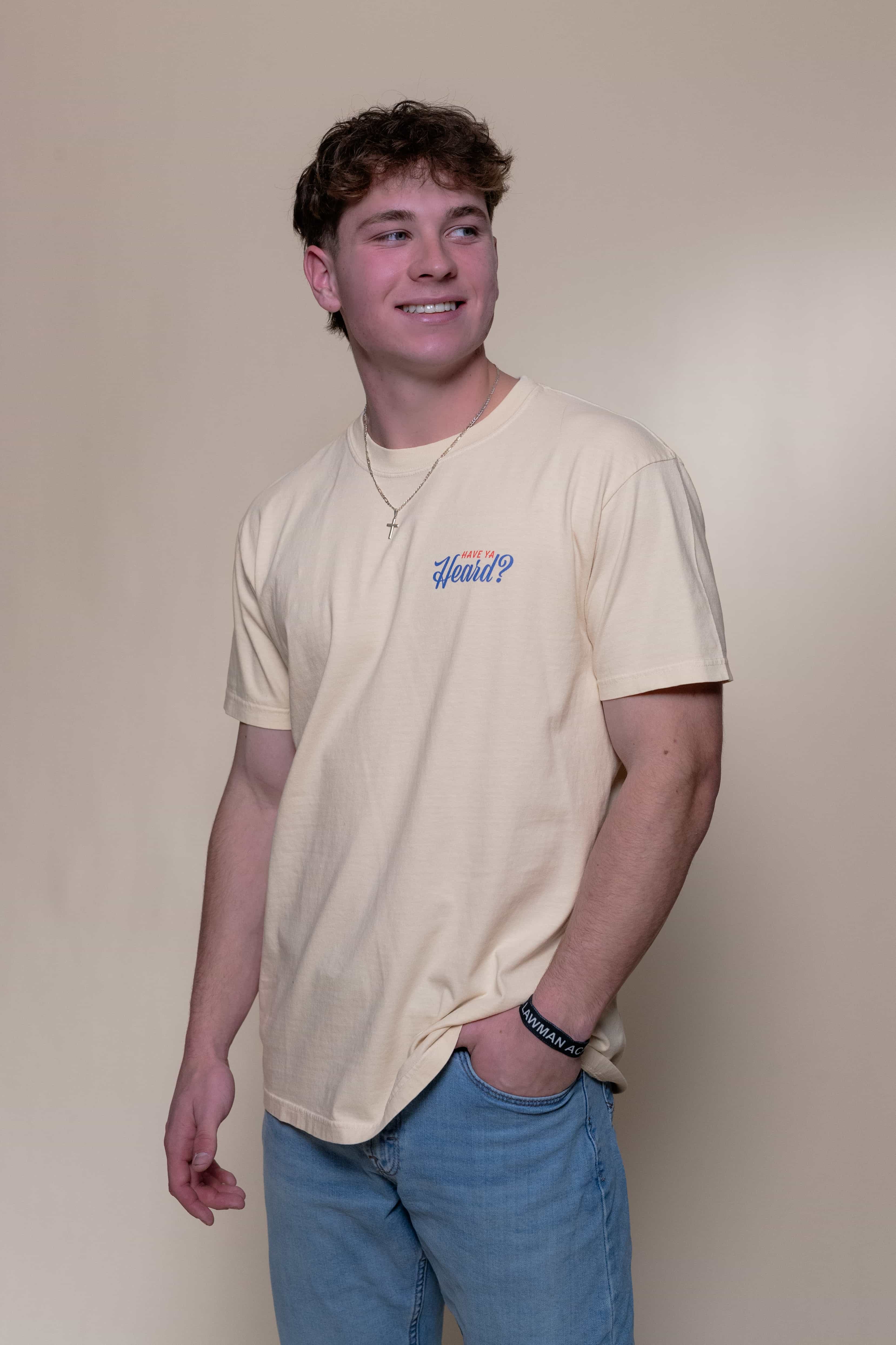 T-shirt from Faith based Christian company, Christian Shirts Shop. 
Graphic: The Good News Club John 3:16
Color: Cream shirt with red and blue graphics
Brand: Comfort Colors