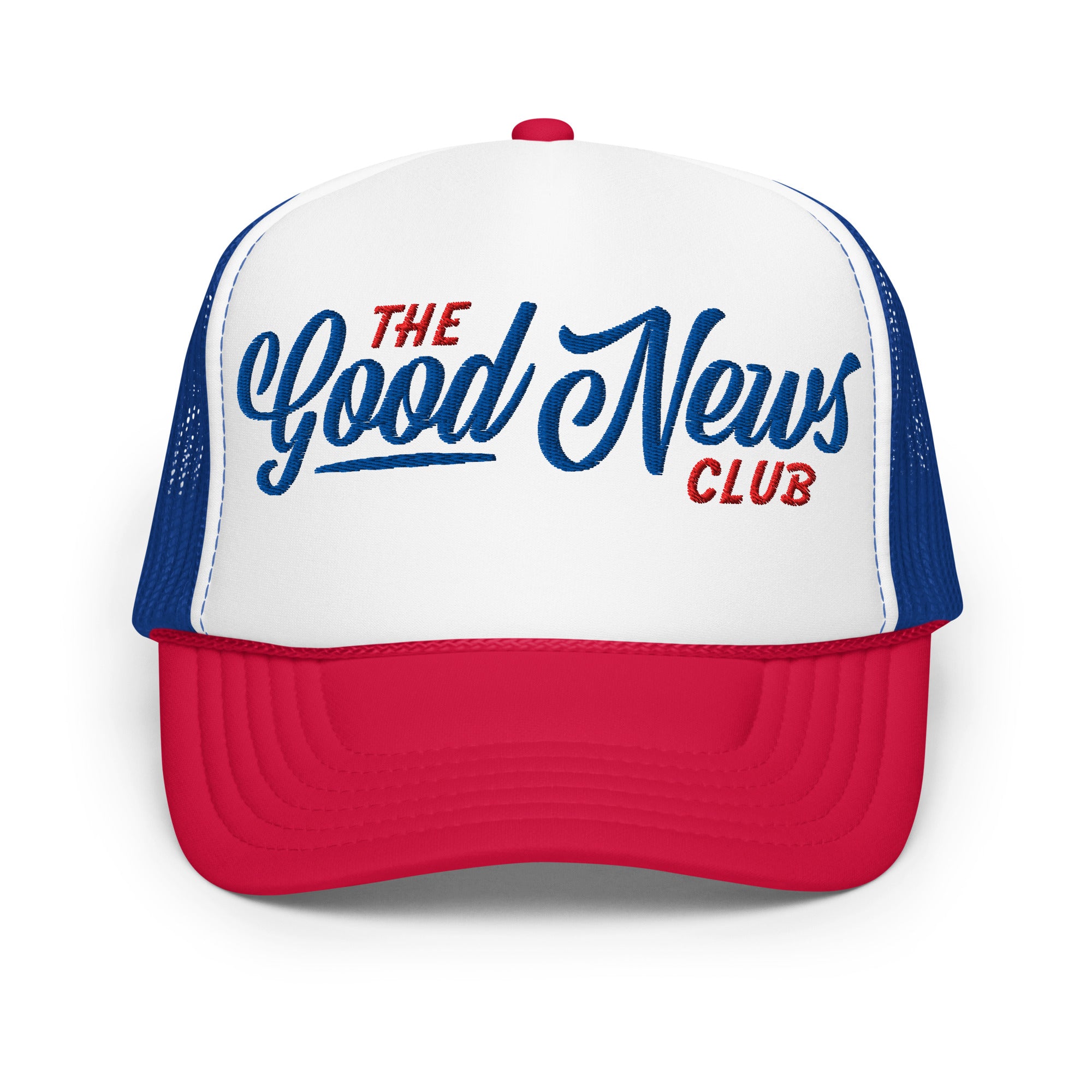 Foam front trucker hat from Faith based Christian company, Christian Shirts Shop. 
Graphic: The Good News Club John 3:16
Hat Color: Red and Blue