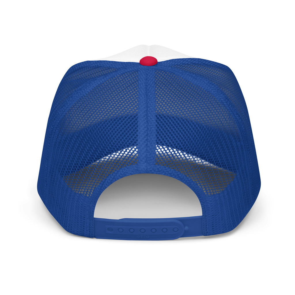 Foam front trucker hat from Faith based Christian company, Christian Shirts Shop. 
Graphic: The Good News Club John 3:16
Hat Color: Red and Blue