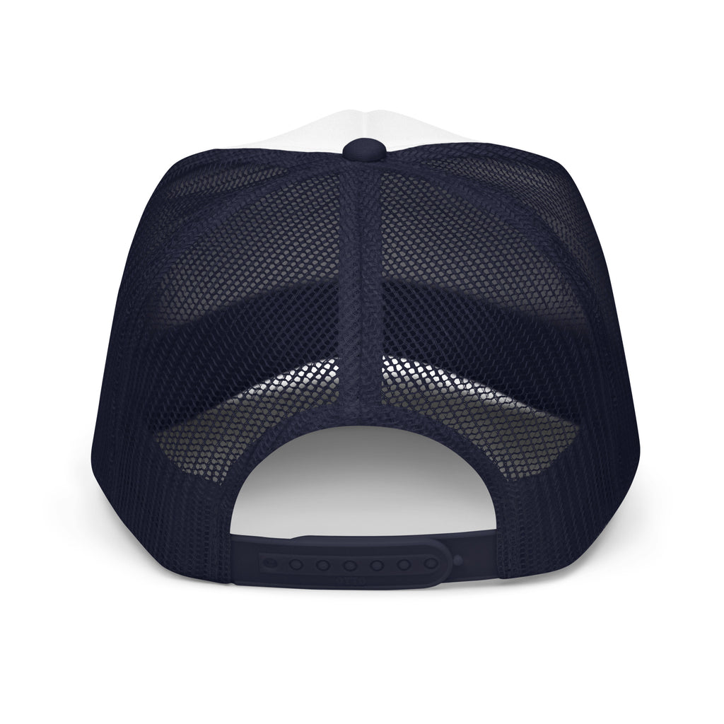 Foam front trucker hat from Faith based Christian company, Christian Shirts Shop. 
Graphic: The Good News Club John 3:16
Hat Color: Navy and White