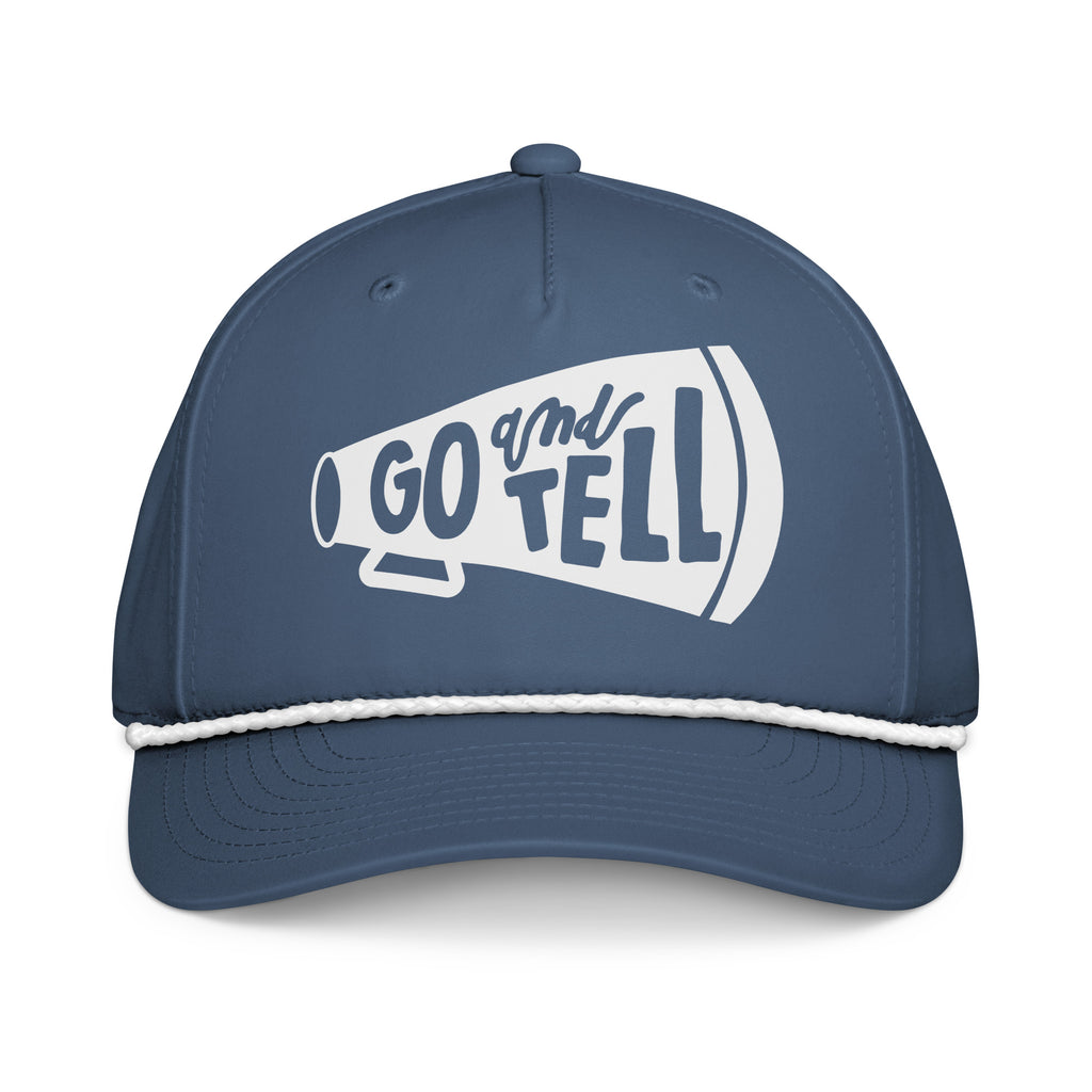 Rope Hat from Faith based Christian company, Christian Shirts Shop. 
Graphic: Go and Tell The Great Commission Acts 1:8
Hat Color: Blue and White