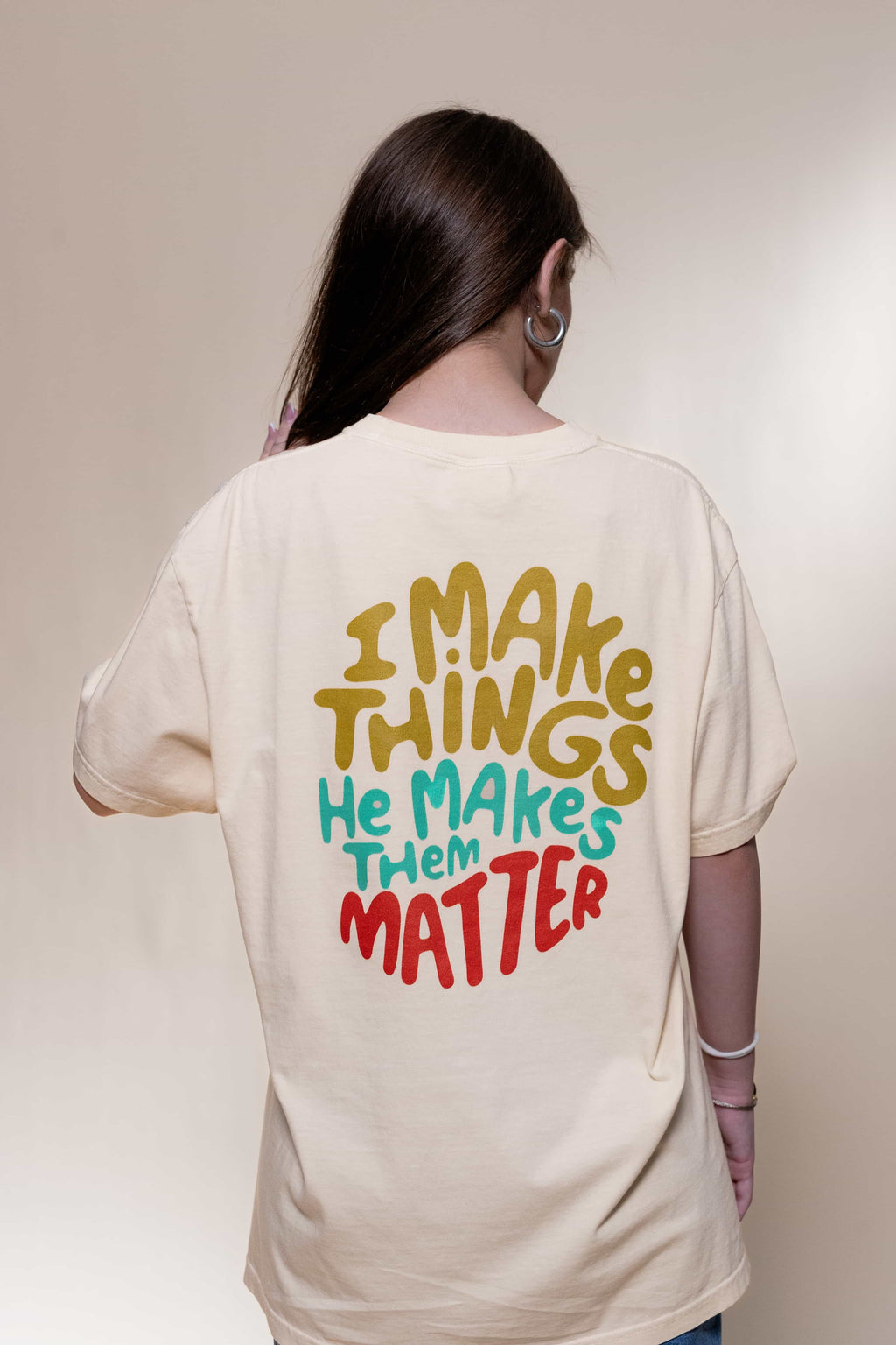 T-shirt from Faith based Christian company, Christian Shirts Shop. 
Graphic: Maker of Things
Color: Ivory
Brand: Comfort Colors