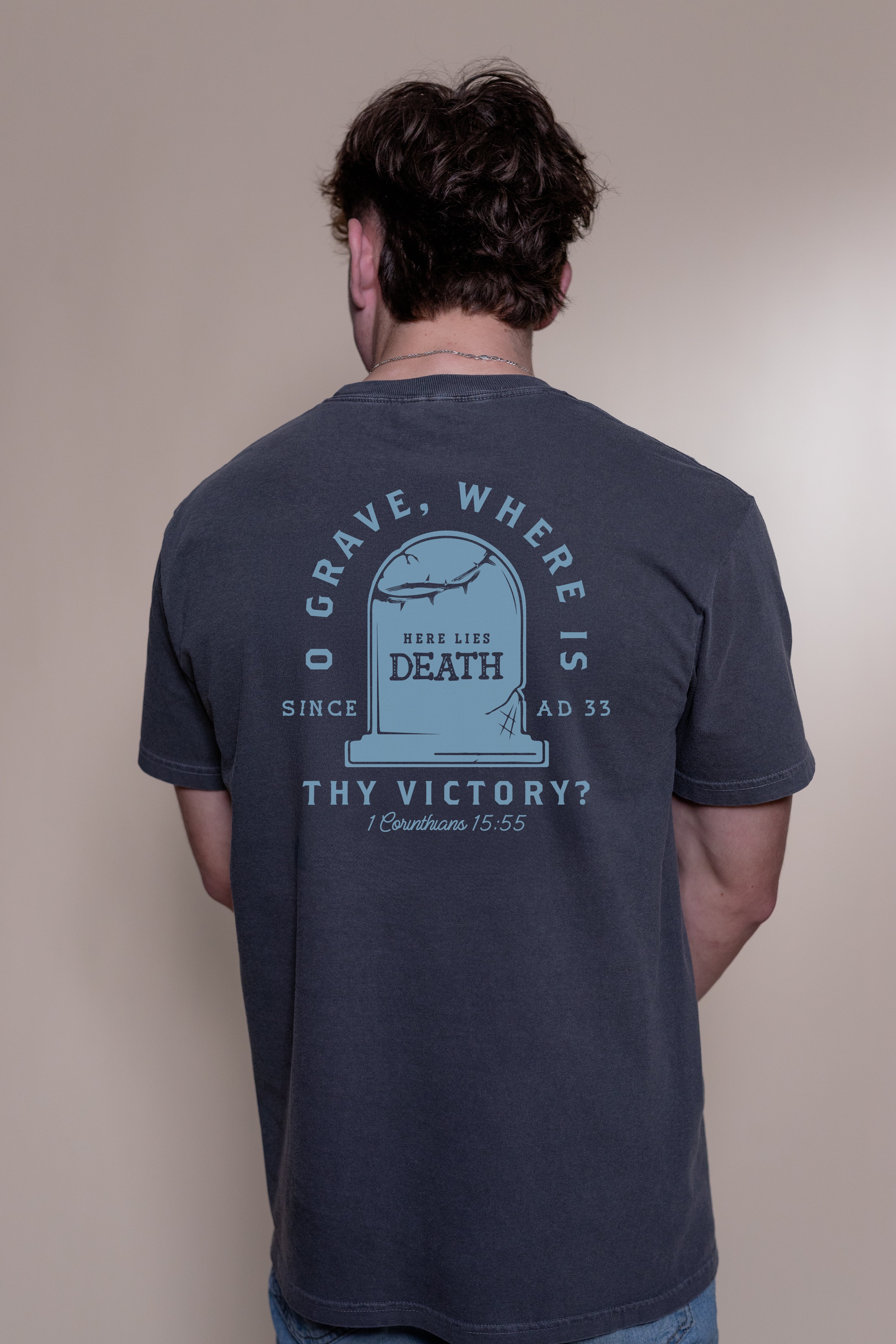 T-shirt from Faith based Christian company, Christian Shirts Shop. 
Graphic: Here Lies Death
Color: Pepper
Brand: Comfort Colors