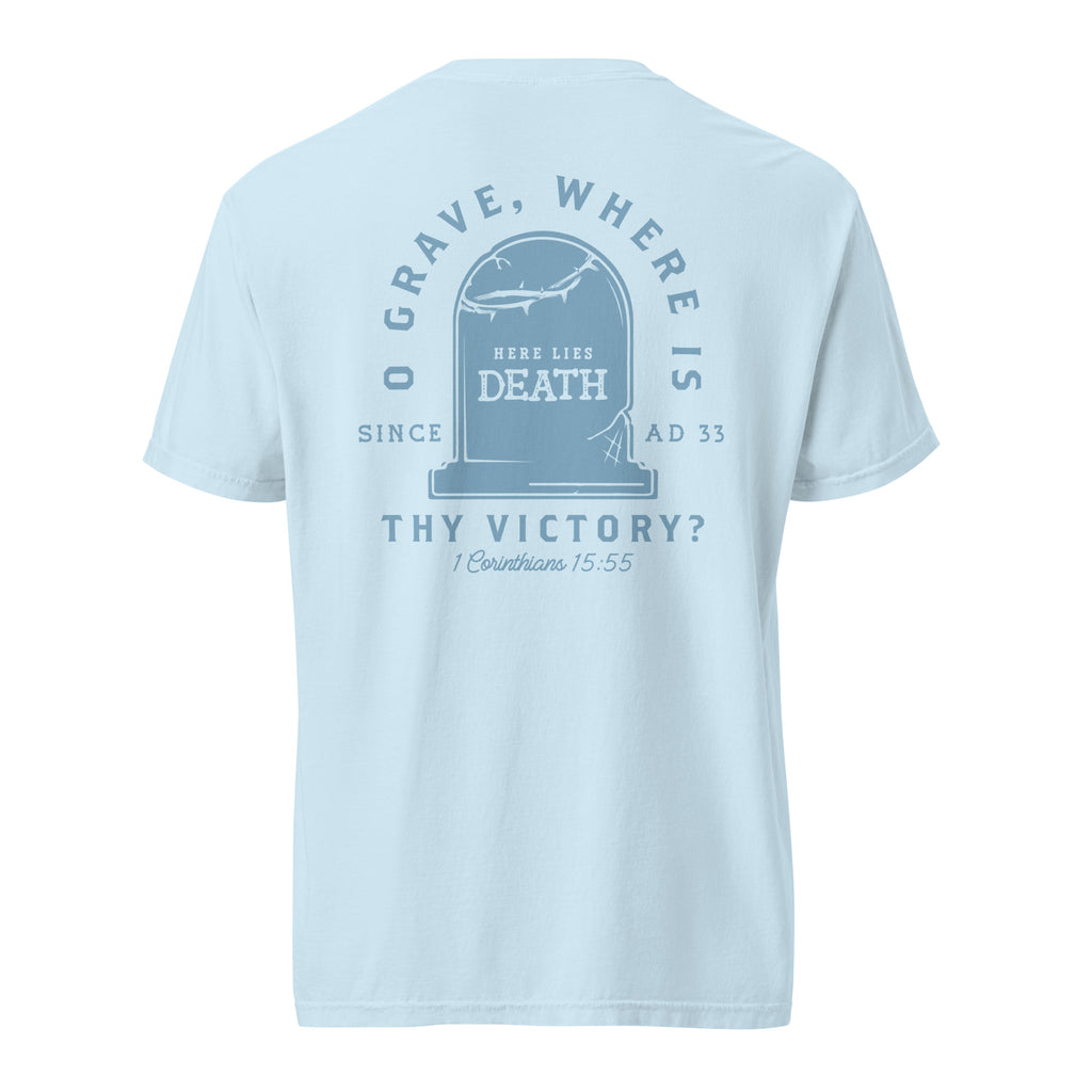 T-shirt from Faith based Christian company, Christian Shirts Shop. 
Graphic: Here Lies Death
Color: Chambray
Brand: Comfort Colors