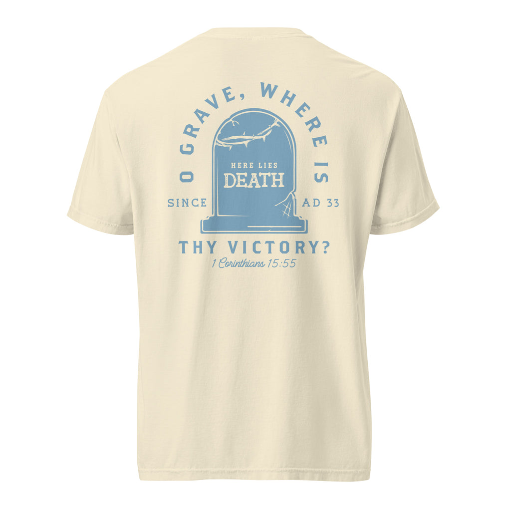 T-shirt from Faith based Christian company, Christian Shirts Shop. 
Graphic: Here Lies Death
Color: Ivory
Brand: Comfort Colors
