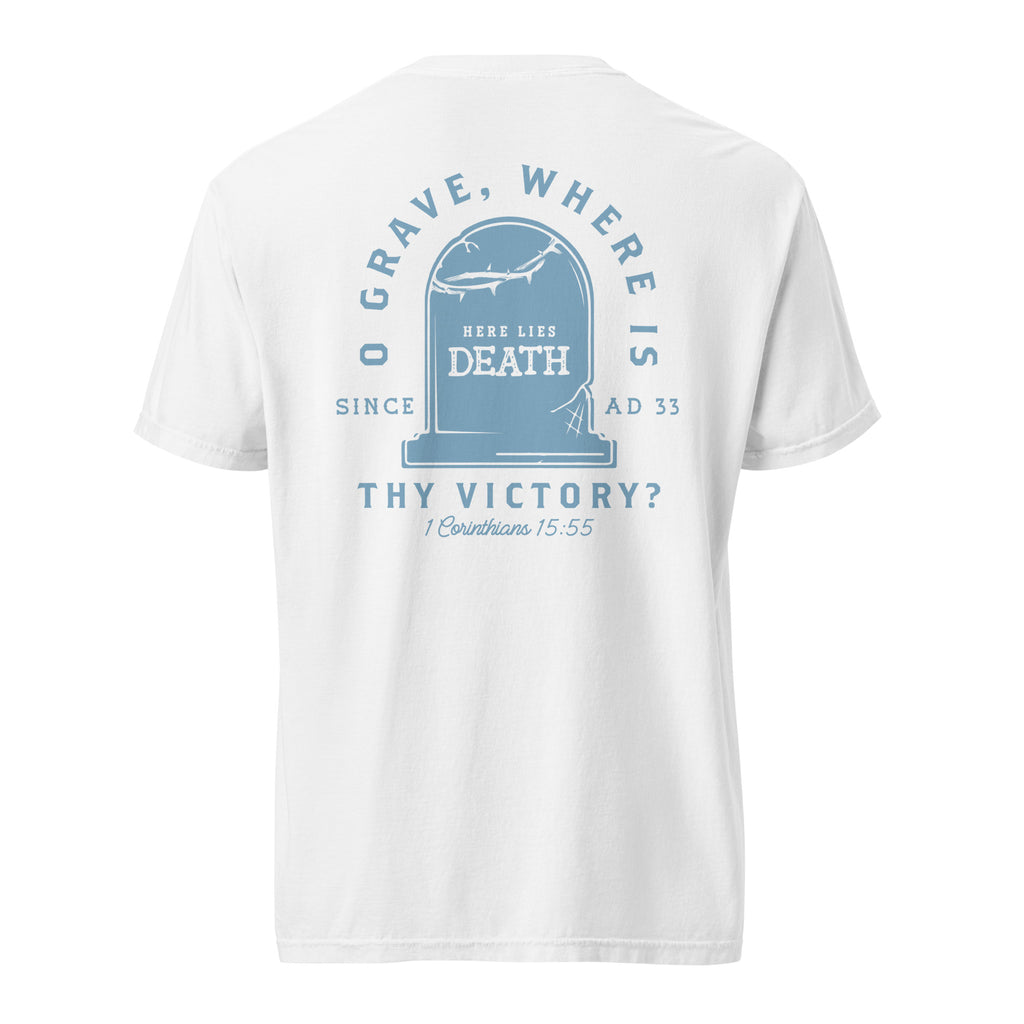 T-shirt from Faith based Christian company, Christian Shirts Shop. 
Graphic: Here Lies Death
Color: White
Brand: Comfort Colors