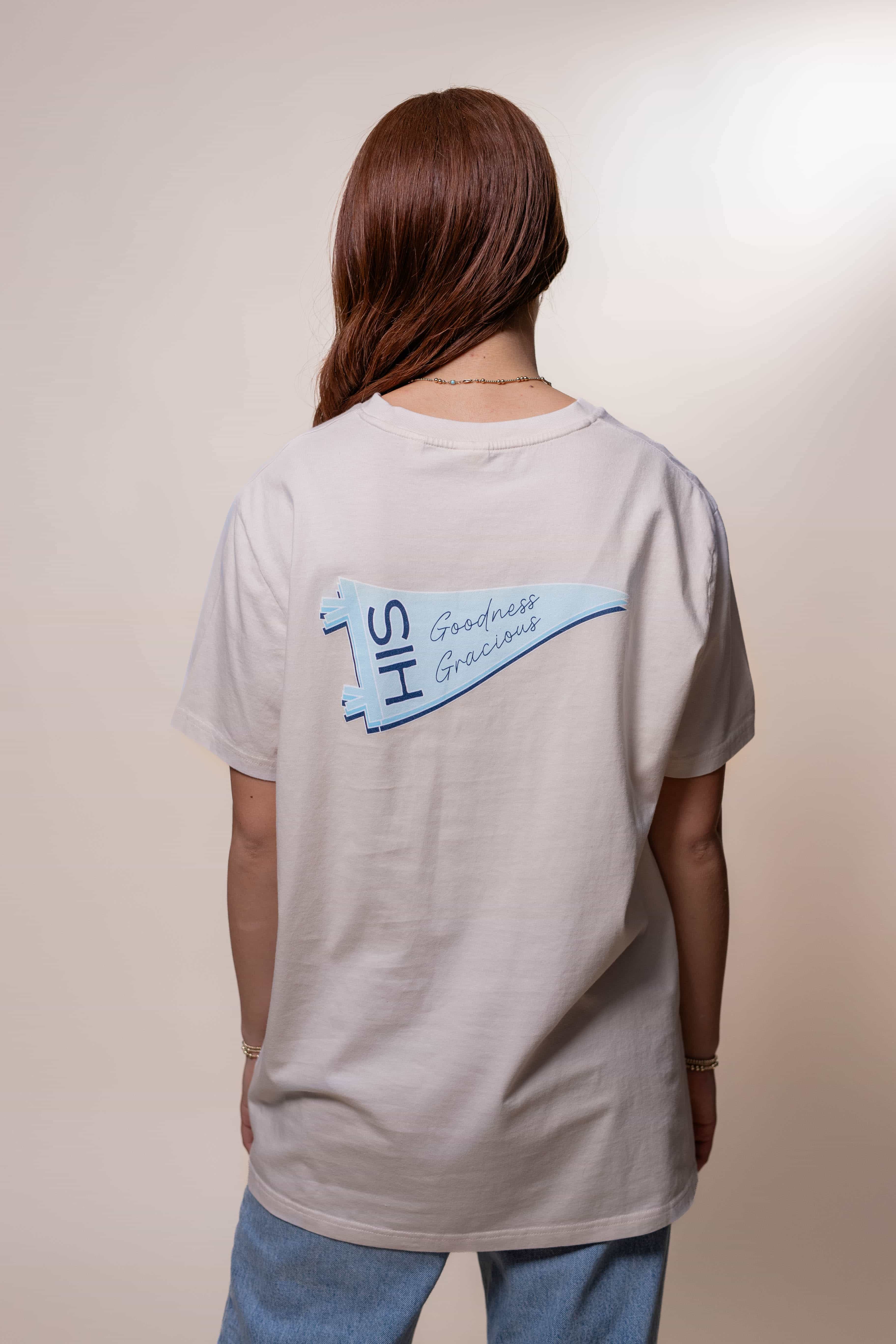 T-shirt from Faith based Christian company, Christian Shirts Shop. 
Graphic: His Goodness Gracious back image Psalm 23:6
Color: Ivory Shirt
Brand: Comfort Colors