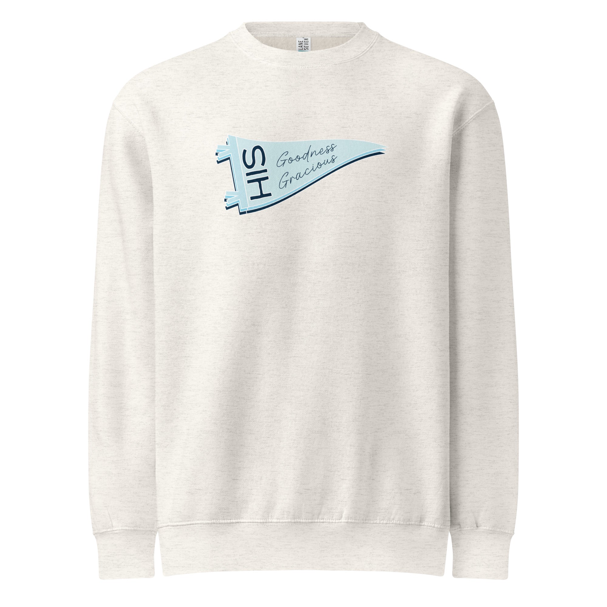 Sweatshirt from Faith based Christian company, Christian Shirts Shop. 
Graphic: His Goodness Gracious Psalm 23:6
Color: Oatmeal Sweatshirt
Brand: Lane Seven