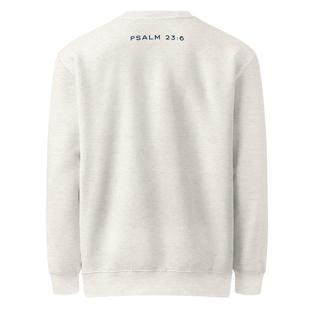 Sweatshirt from Faith based Christian company, Christian Shirts Shop. 
Graphic: His Goodness Gracious Psalm 23:6
Color: Oatmeal Sweatshirt
Brand: Lane Seven