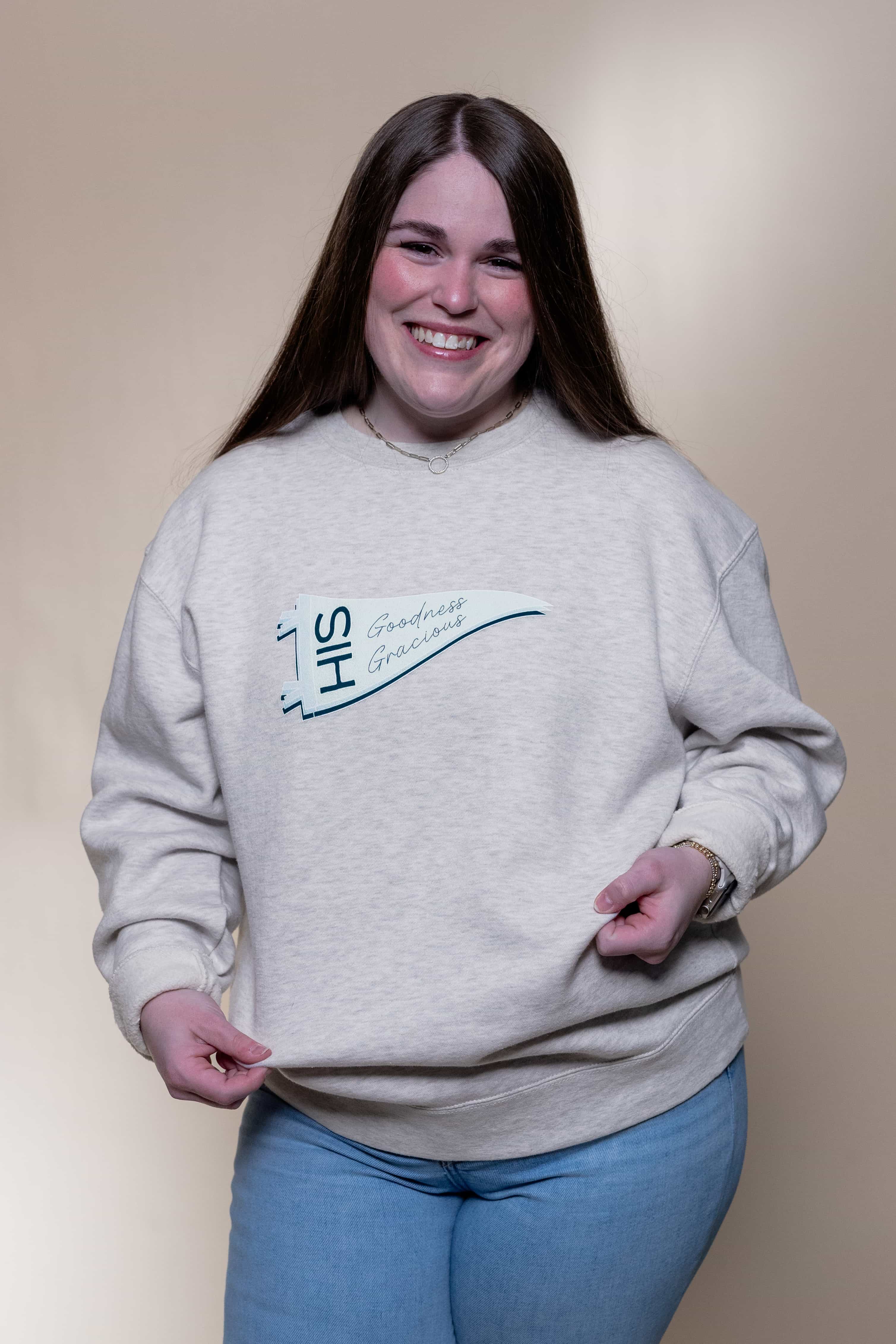Sweatshirt from Faith based Christian company, Christian Shirts Shop. 
Graphic: His Goodness Gracious Psalm 23:6
Color: Oatmeal Sweatshirt
Brand: Lane Seven