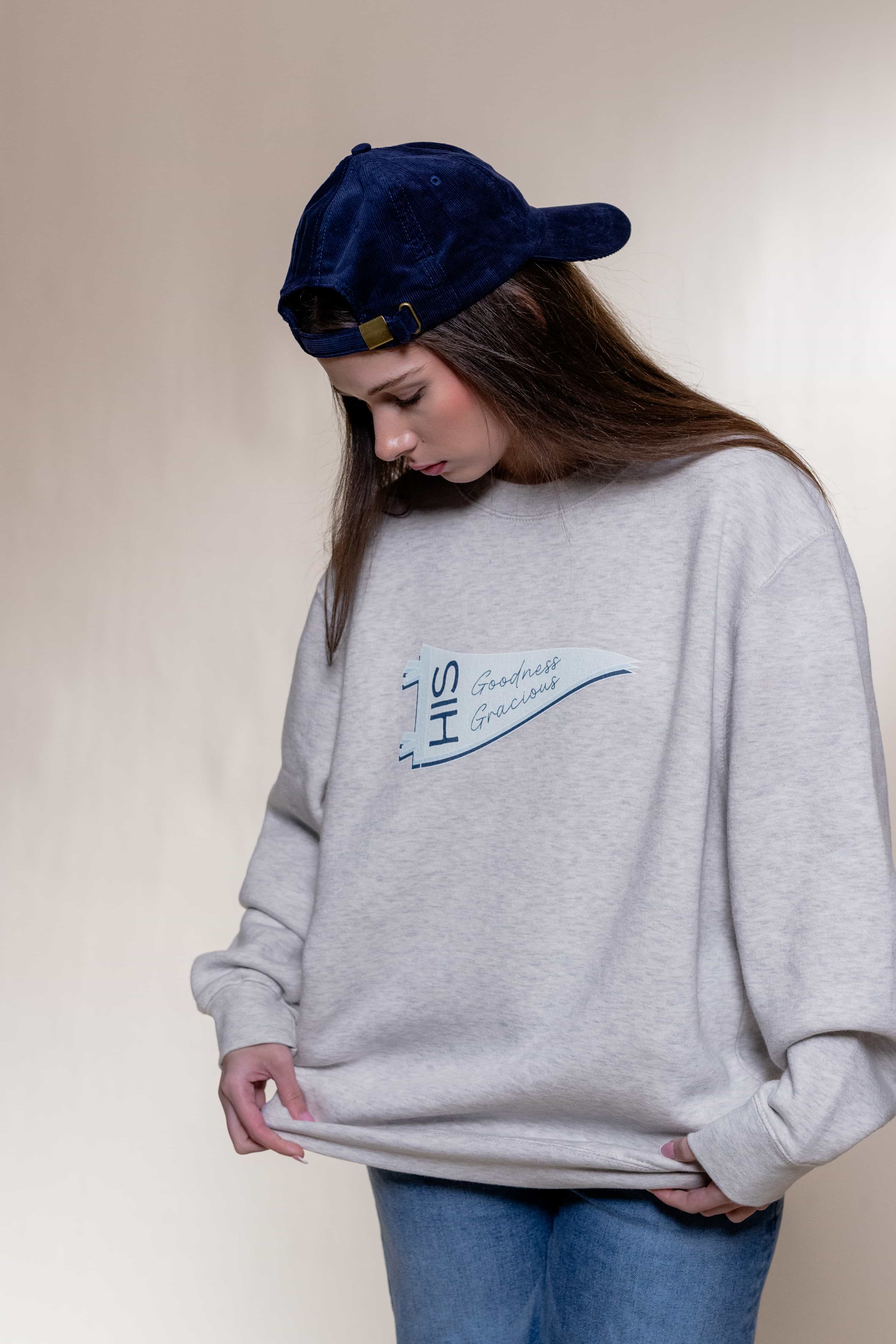 Sweatshirt from Faith based Christian company, Christian Shirts Shop. 
Graphic: His Goodness Gracious Psalm 23:6
Color: Oatmeal Sweatshirt
Brand: Lane Seven