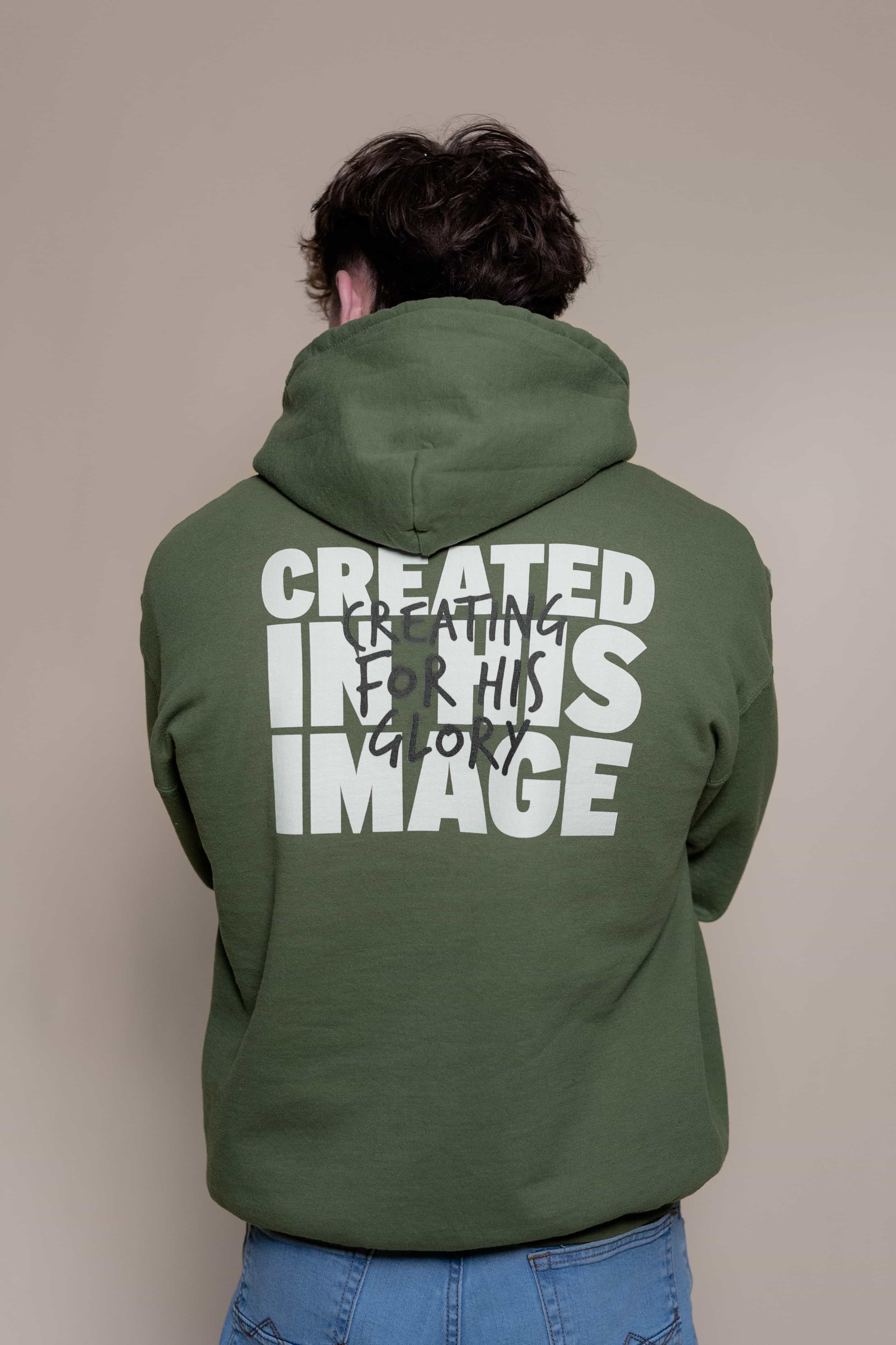 Hooded Sweatshirt from Faith based Christian company, Christian Shirts Shop. 
Graphic: Created in His Image & Glory
Color: Military Green
Brand: Comfort Colors