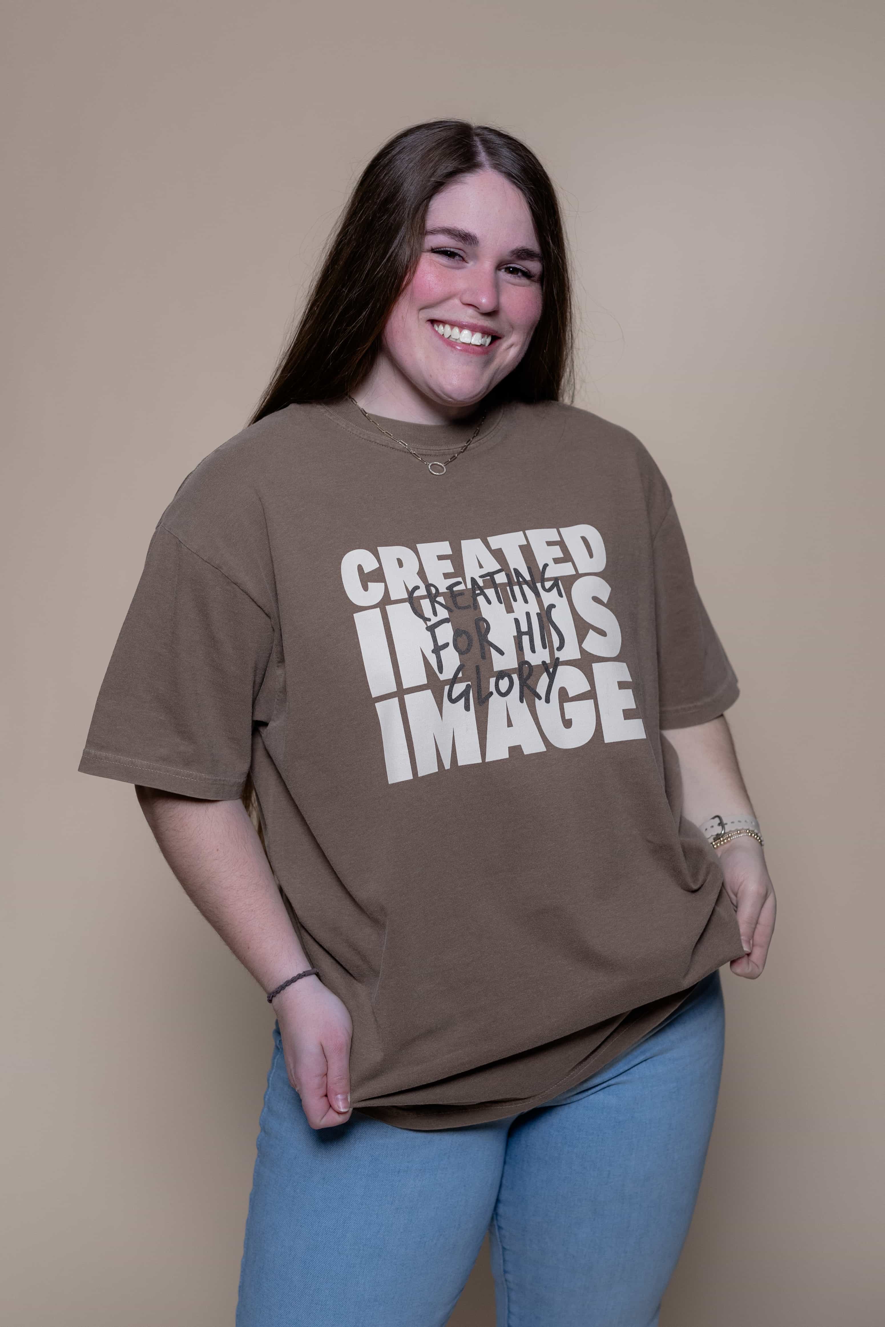 T-shirt from Faith based Christian company, Christian Shirts Shop. 
Graphic: Created in His Image & Glory
Color: Espresso
Brand: Comfort Colors