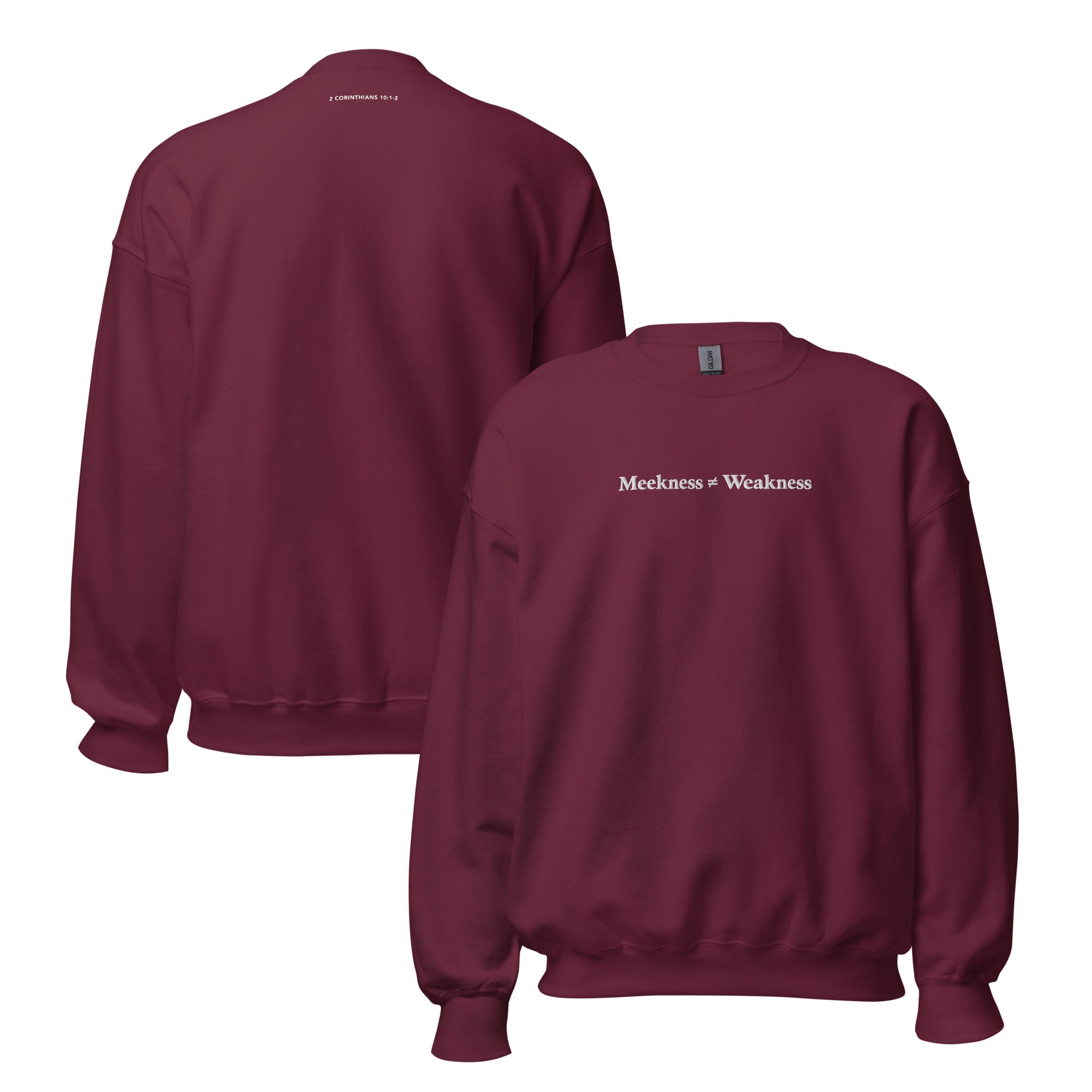 Sweatshirt from Faith based Christian company, Christian Shirts Shop. 
Graphic: Meekness does not equal Weakness 2 Corinthians 10: 1-2
Color: Maroon
Brand: Gildan