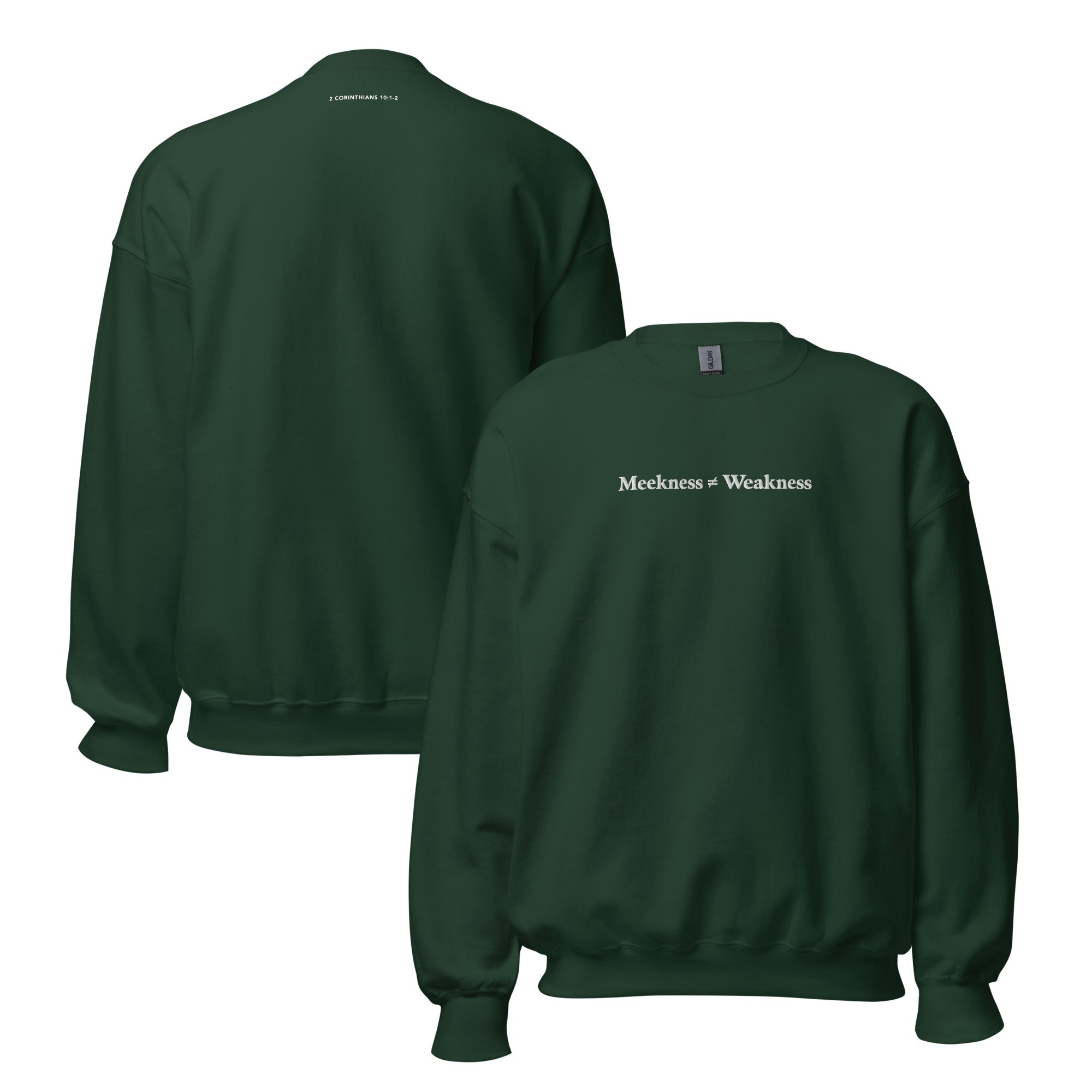 Sweatshirt from Faith based Christian company, Christian Shirts Shop. 
Graphic: Meekness does not equal Weakness 2 Corinthians 10: 1-2
Color: Forrest Green
Brand: Gildan