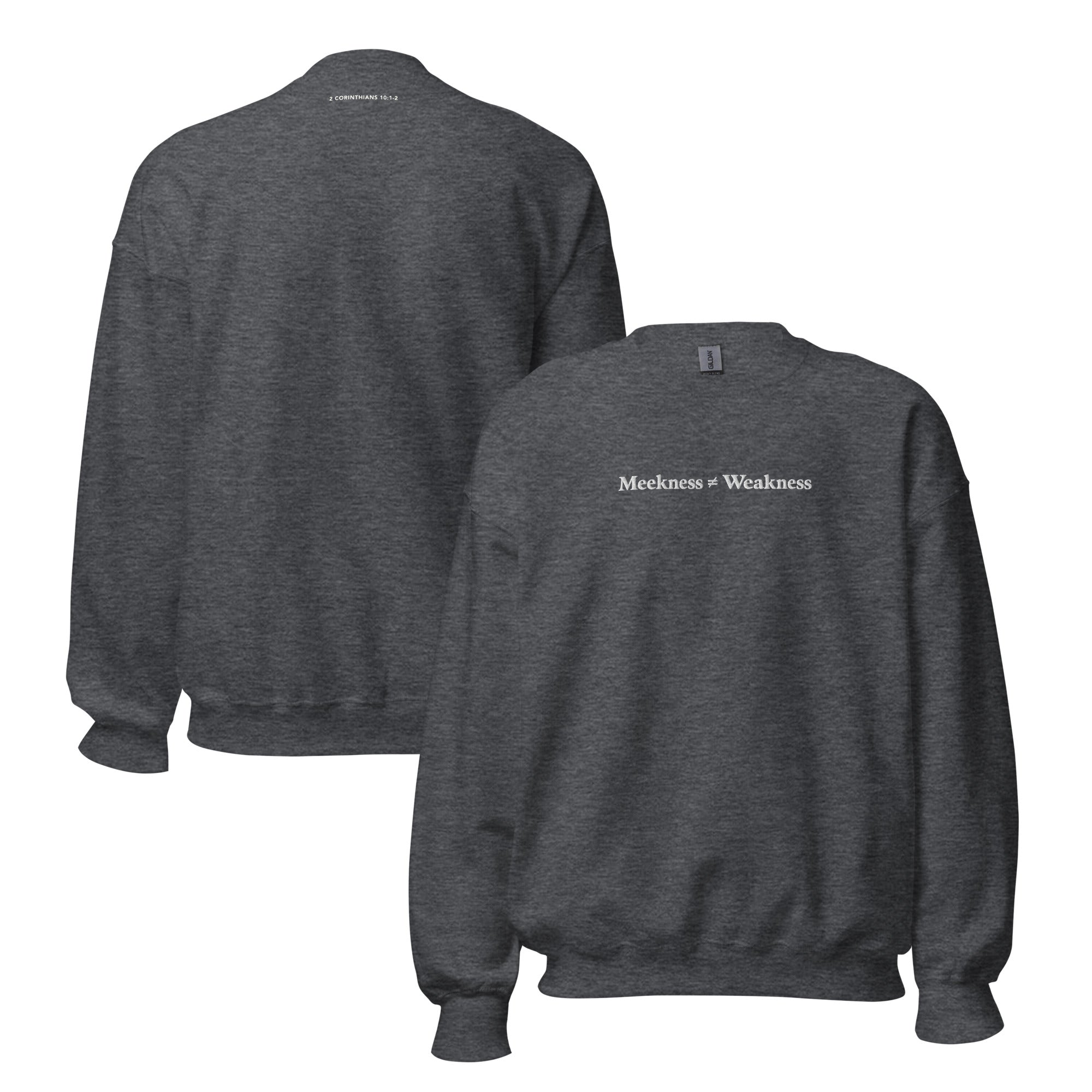 Sweatshirt from Faith based Christian company, Christian Shirts Shop. 
Graphic: Meekness does not equal Weakness 2 Corinthians 10: 1-2
Color: Dark Heather
Brand: Gildan
