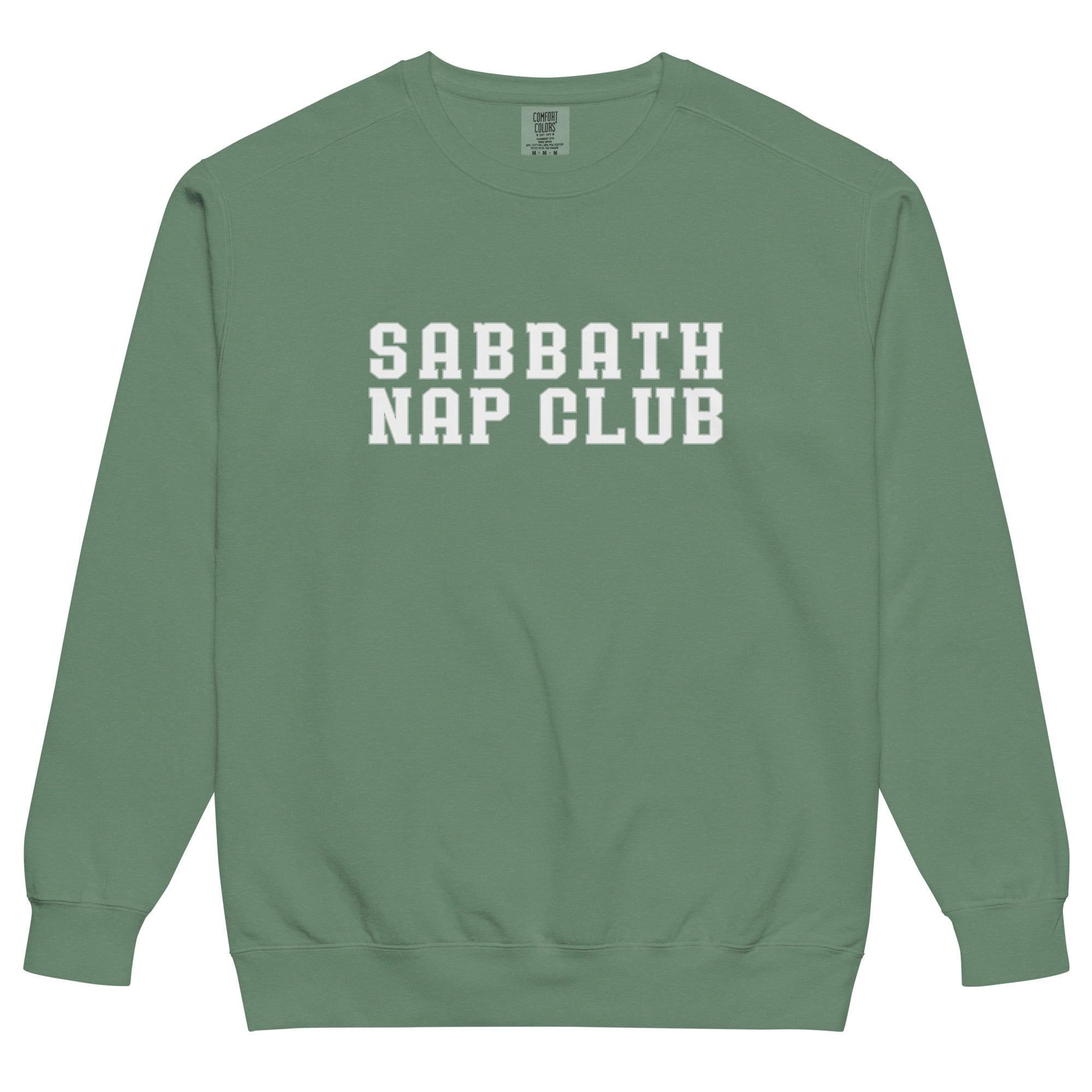 Religious Sweatshirt from Faith based Christian company, Christian Shirts Shop.
Graphic: Sabbath Nap Club
Color: Light Green
Brand: Comfort Colors