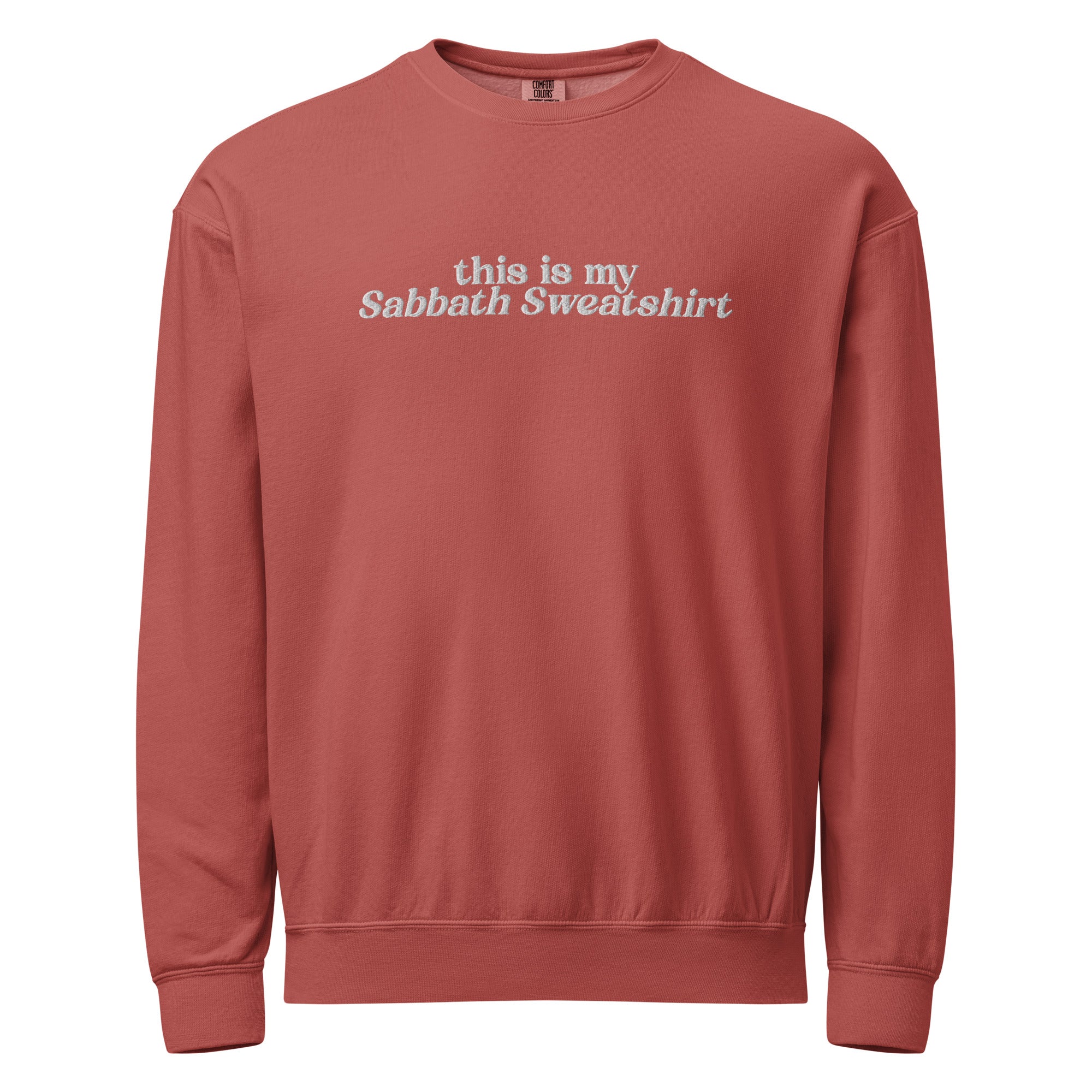 Religious Sweatshirt from Faith based Christian company, Christian Shirts Shop.
Graphic: Embroidered Text This is my Sabbath Sweatshirt
Color: Crimson
Brand: Comfort Colors