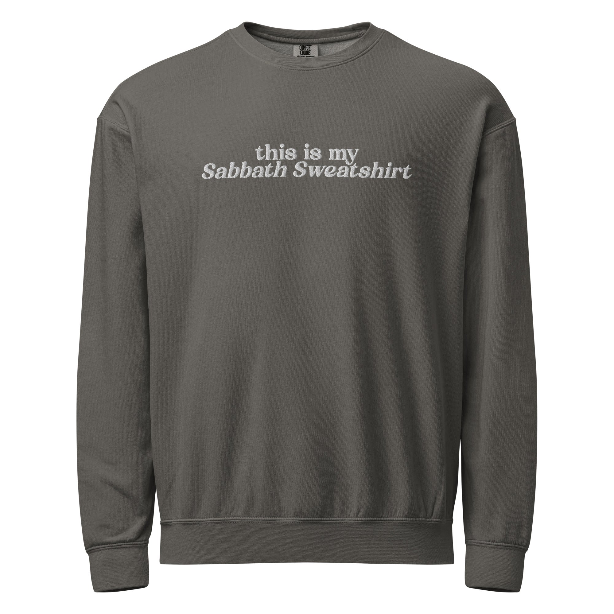 Religious Sweatshirt from Faith based Christian company, Christian Shirts Shop.
Graphic: Embroidered Text This is my Sabbath Sweatshirt
Color: Pepper
Brand: Comfort Colors