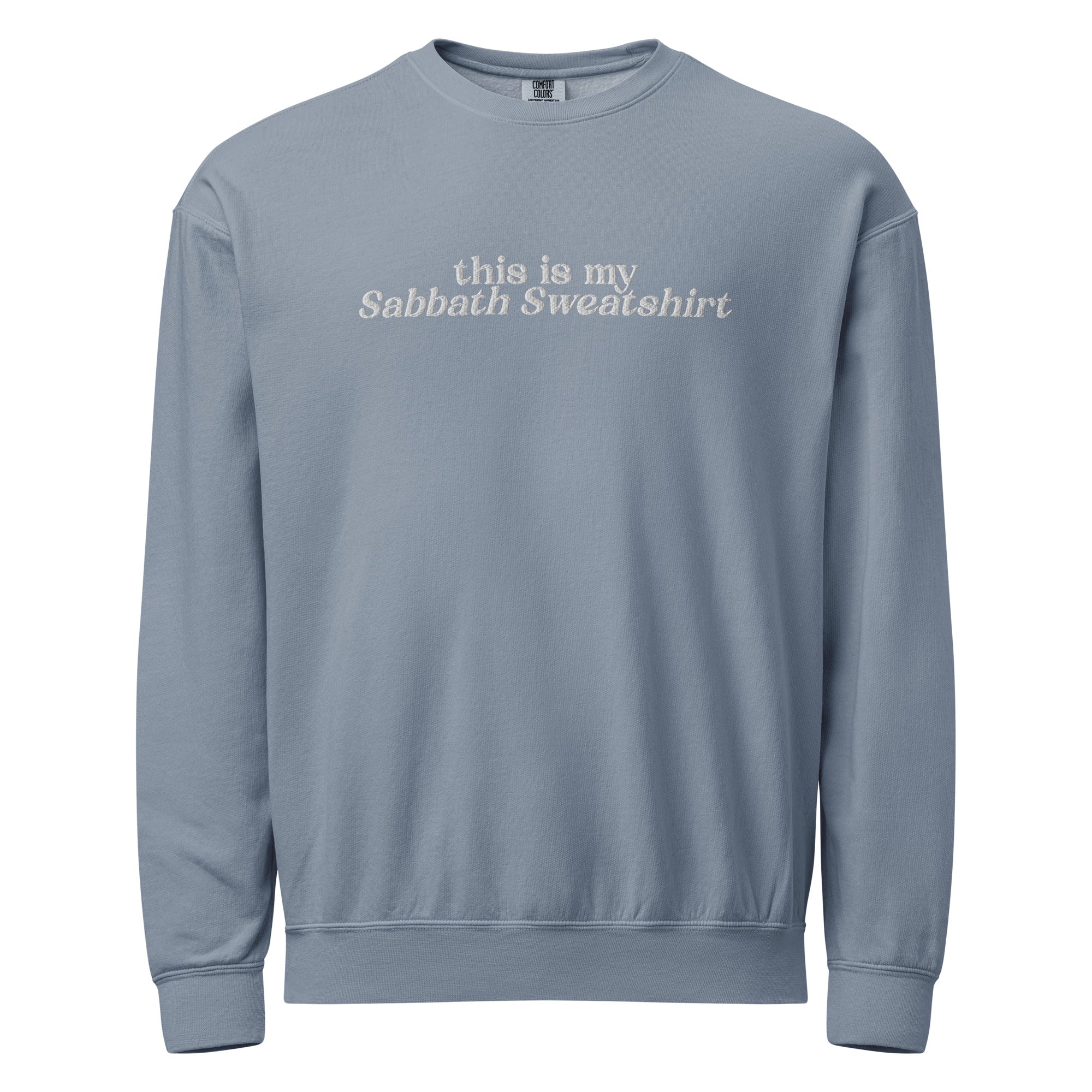 Religious Sweatshirt from Faith based Christian company, Christian Shirts Shop.
Graphic: Embroidered Text This is my Sabbath Sweatshirt
Color: Blue Jean
Brand: Comfort Colors