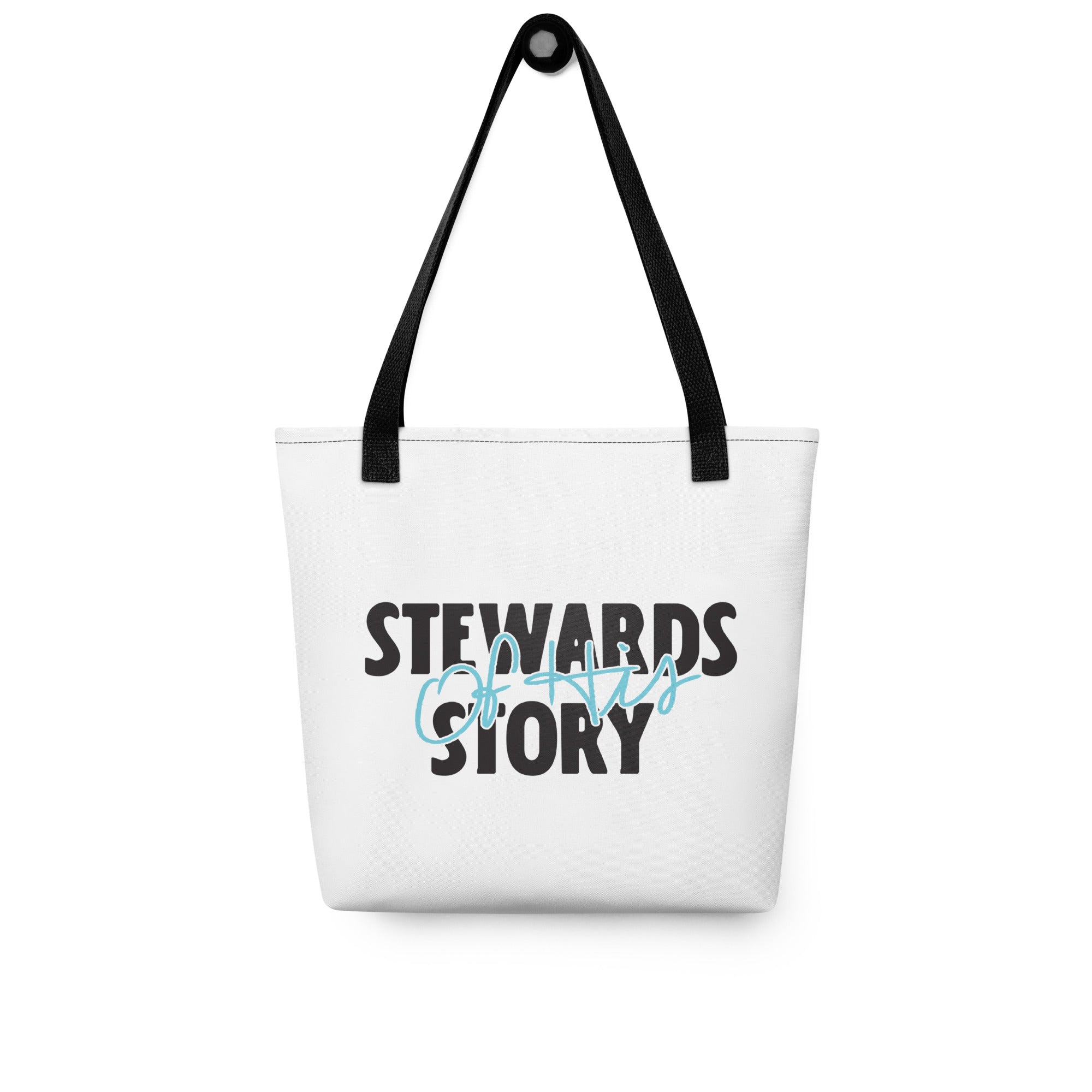Religious church tote bag from Faith based Christian company, Christian Shirts Shop.
Graphic: Stewards of His Story
Color: black, white, blue