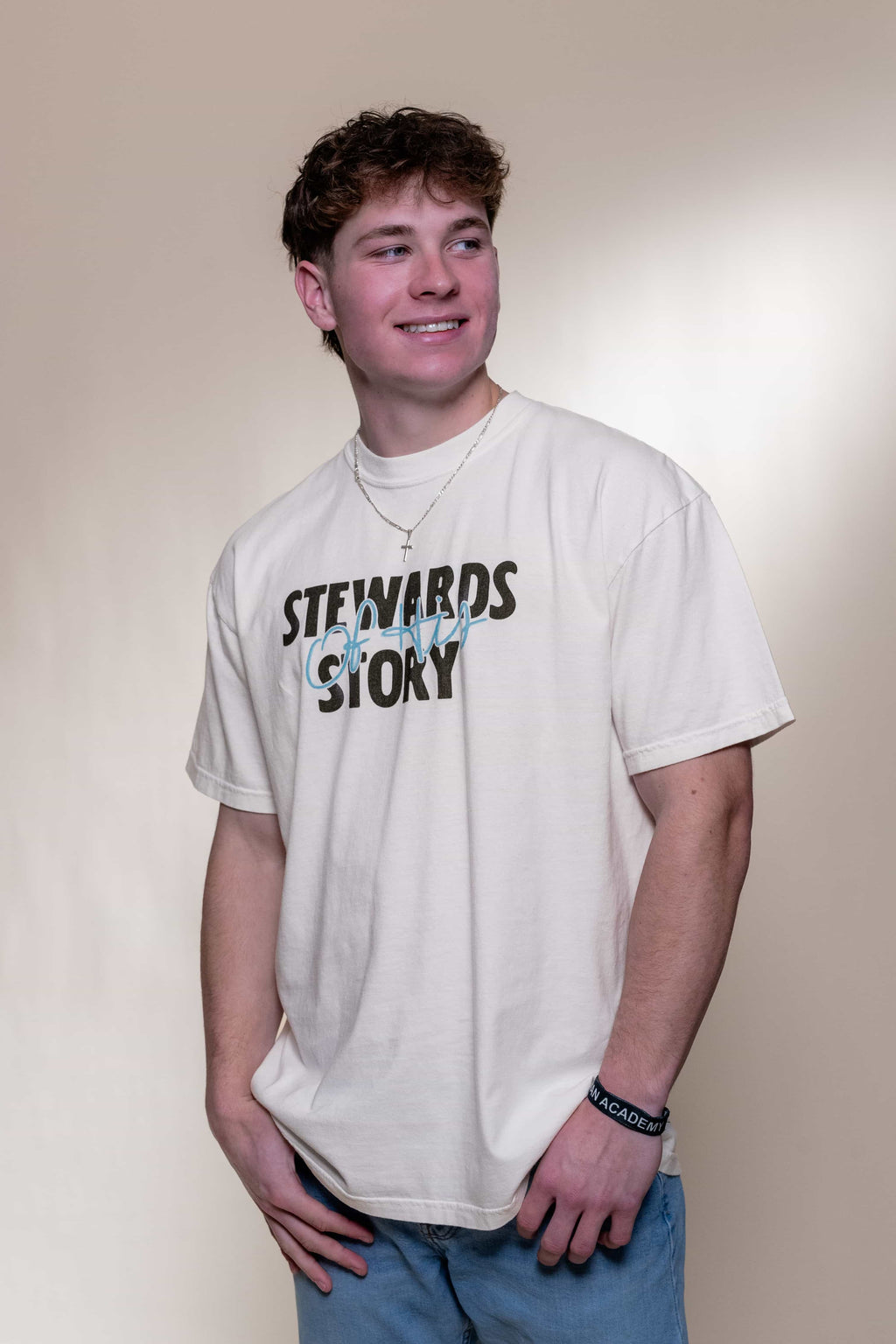 T-shirt from Faith based Christian company, Christian Shirts Shop. 
Graphic: Stewards of His Story
Color: White
Brand: Comfort Colors