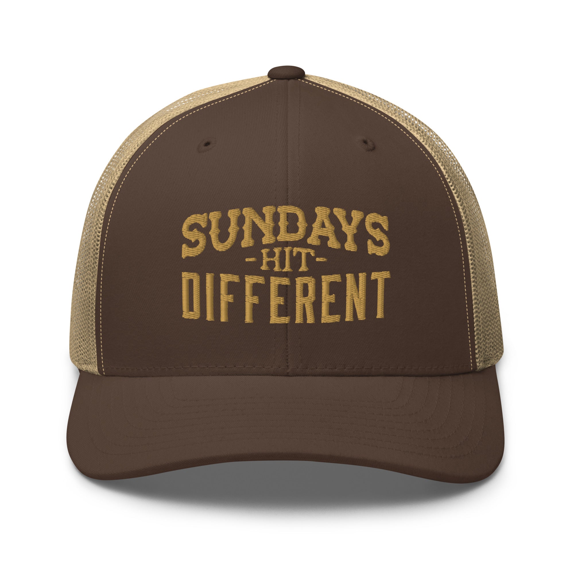 Sundays Hit Different Trucker Hat - brown and tan trucker style cap with embroidered text from Religious Shirt Company, Christian Shirts Shop.