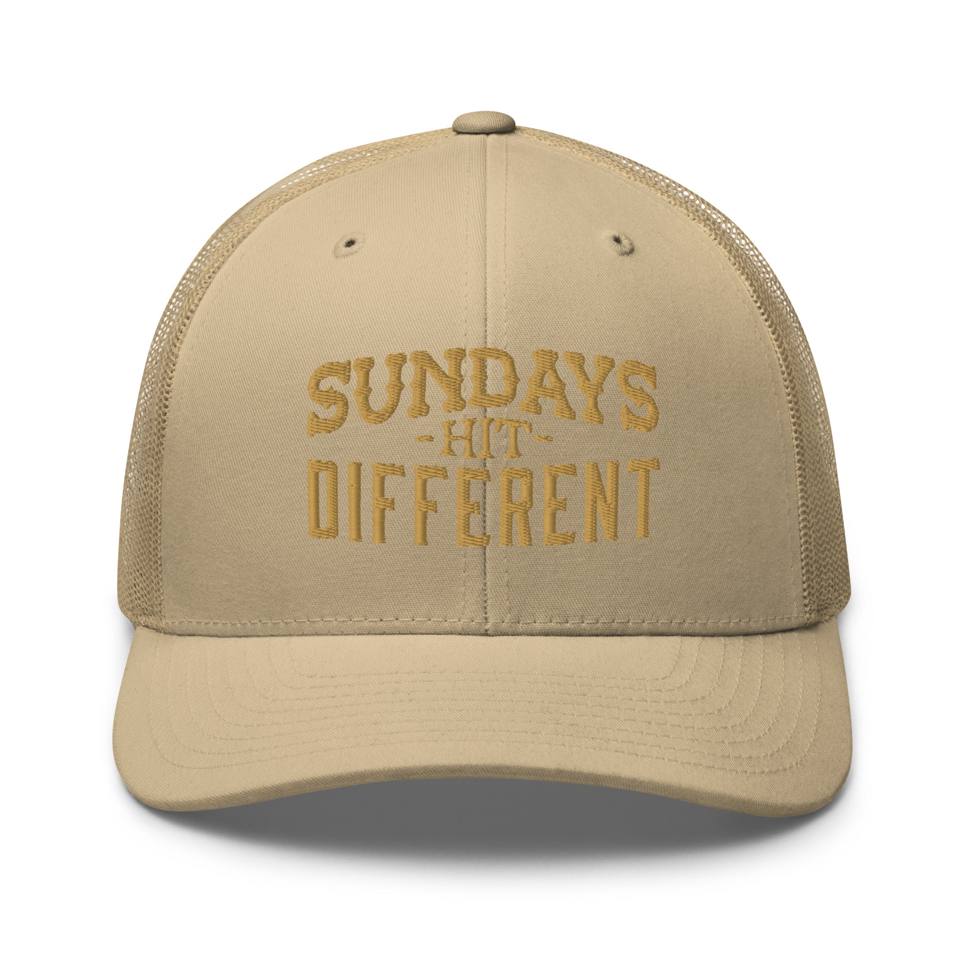 Religious Hat from Faith based Christian company, Christian Shirts Shop.
Graphic: Sundays Hit Different
Color: Khaki
