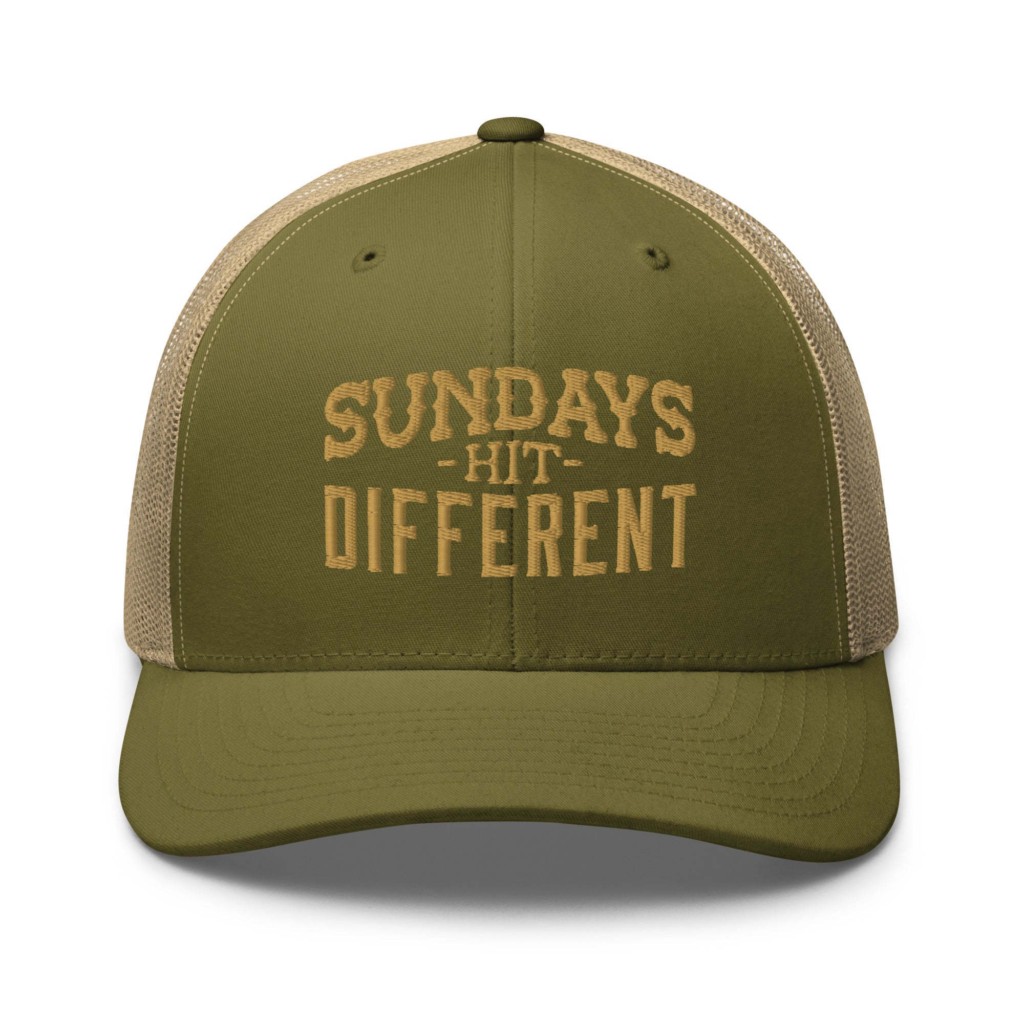 Religious Hat from Faith based Christian company, Christian Shirts Shop.
Graphic: Sundays Hit Different
Color: Moss and Khaki