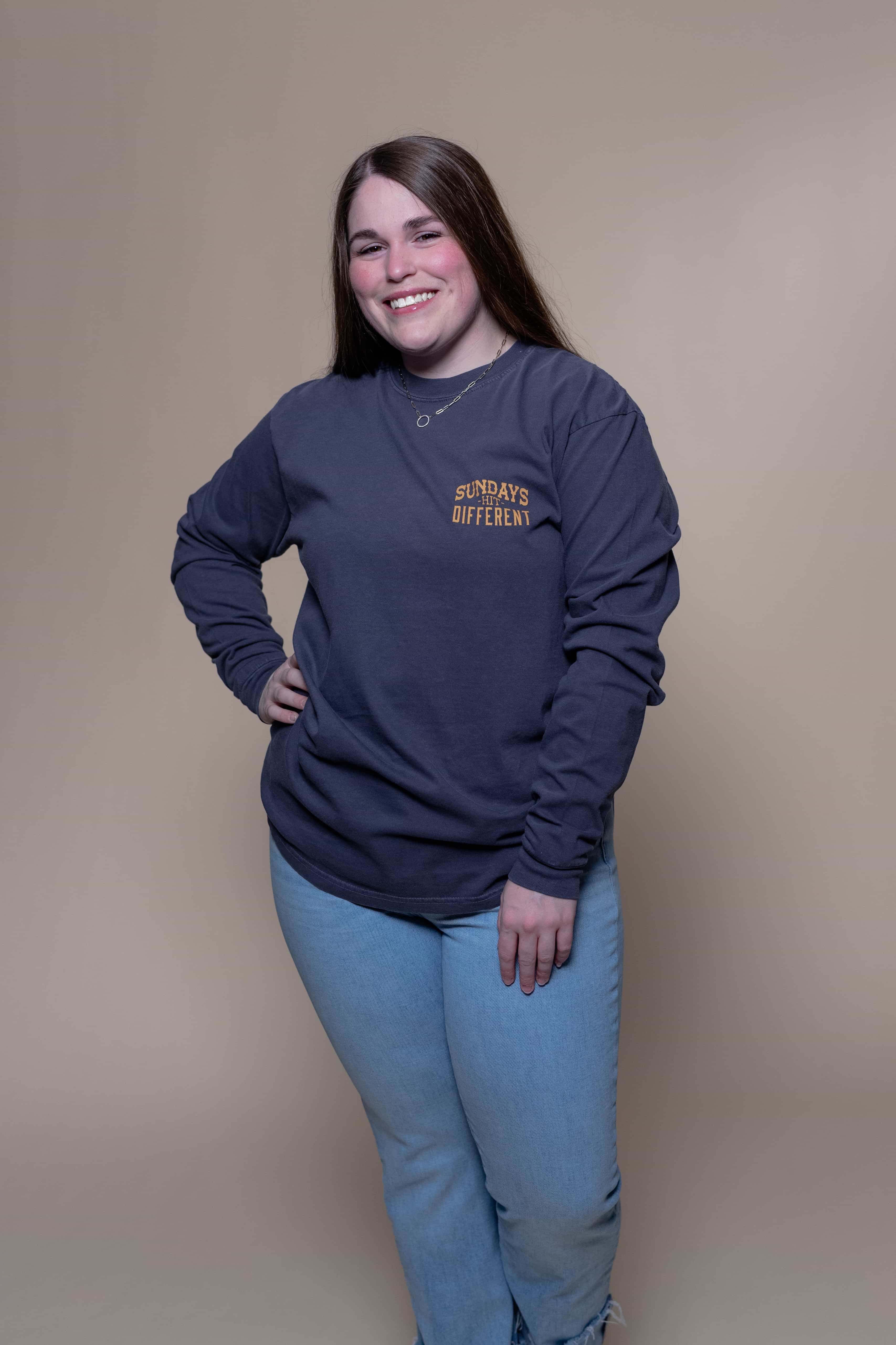 Religious Sweatshirt from Faith based Christian company, Christian Shirts Shop.
Graphic: Sundays Hit Different
Color: Navy
Brand: Comfort Colors