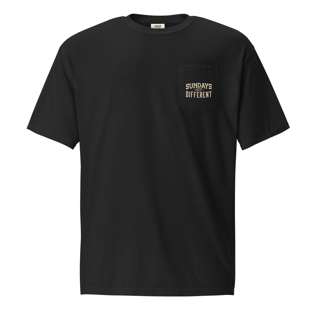 Religious T-shirt from Faith based Christian company, Christian Shirts Shop.
Graphic: Sundays Hit Different Pocket Tee
Color: Black
Brand: Comfort Colors